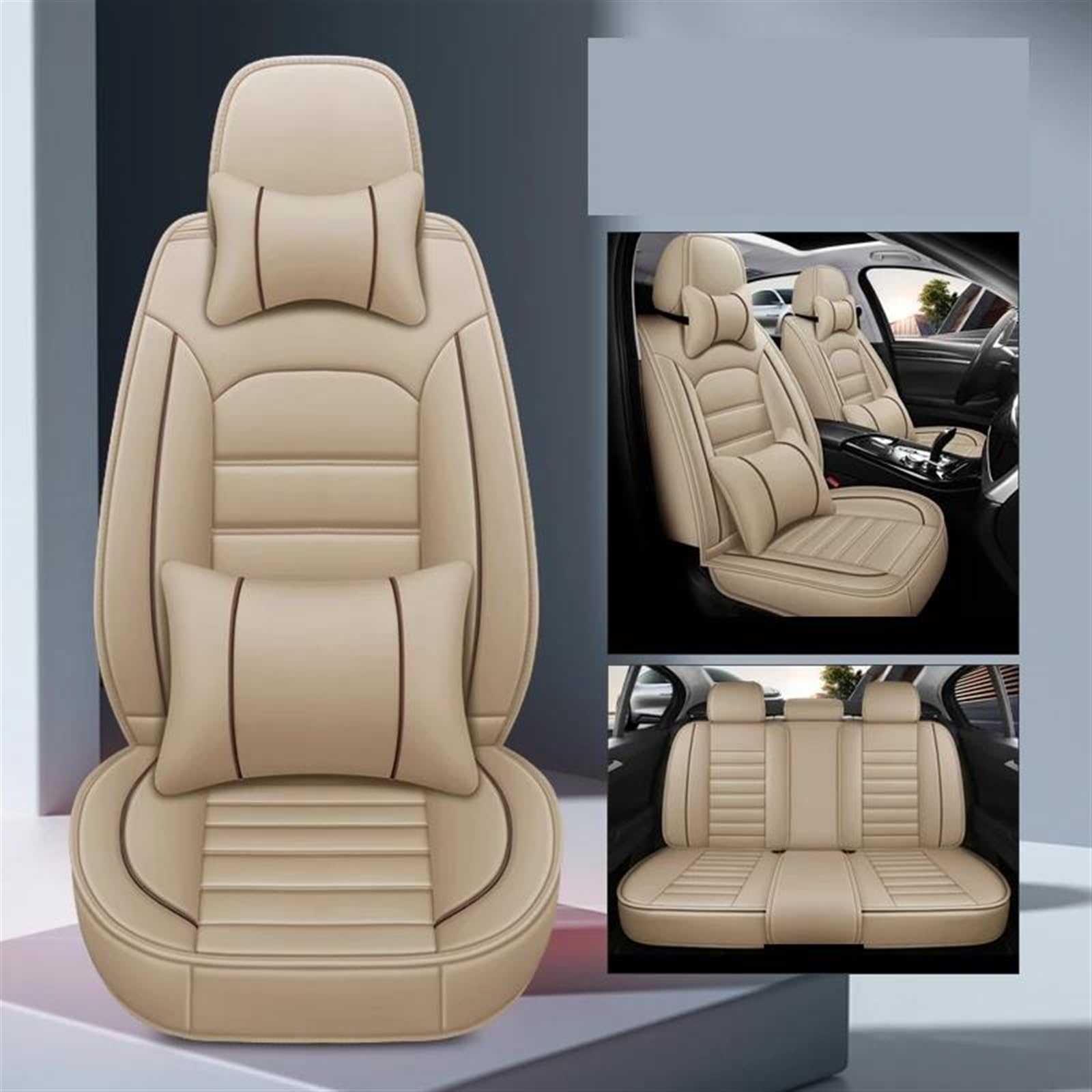 AutositzbezüGe Set Autositzbezüge Leder Komplettset Für Peugeot Für 206 407 Für A3 8P A7 4L Für Hyundai Für Kona IX35 Für Chevy Auto-SchonbezüGe(Beige B) von DZSFSTRHRRT