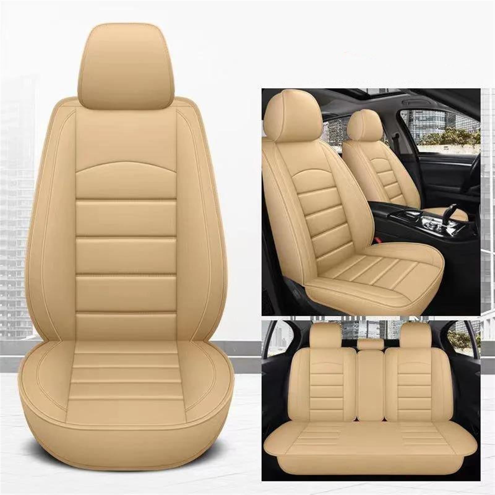 DZSFSTRHRRT AutositzbezüGe Set Fahrersitz Und Beifahrersitz Leder-Autositzkissen Hinten 3 Sitze Ganzjahres-Universal-Sitzbezug Auto-SchonbezüGe(Beige) von DZSFSTRHRRT