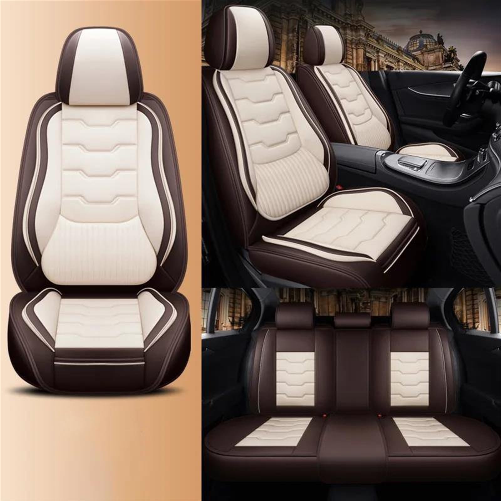 DZSFSTRHRRT AutositzbezüGe Set Luxus Universal Leder Auto Sitzbezüge Vollen Satz Für Leon MK2 Für Yaris Für Trafic 3 Für W211 Für Soul Für A4 Auto-SchonbezüGe(Coffee White) von DZSFSTRHRRT