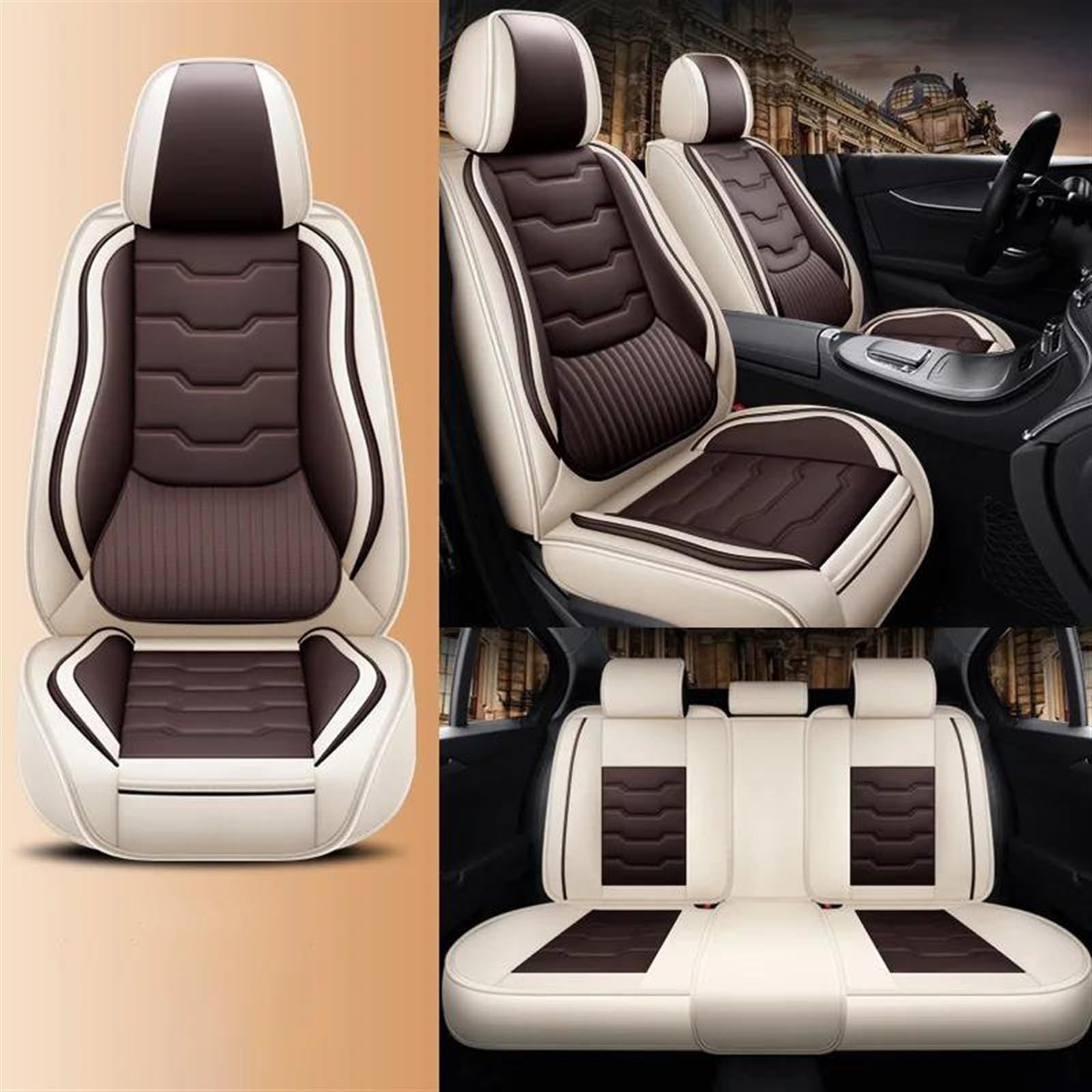 DZSFSTRHRRT AutositzbezüGe Set Luxus Universal Leder Auto Sitzbezüge Vollen Satz Für Leon MK2 Für Yaris Für Trafic 3 Für W211 Für Soul Für A4 Auto-SchonbezüGe(White Coffee) von DZSFSTRHRRT