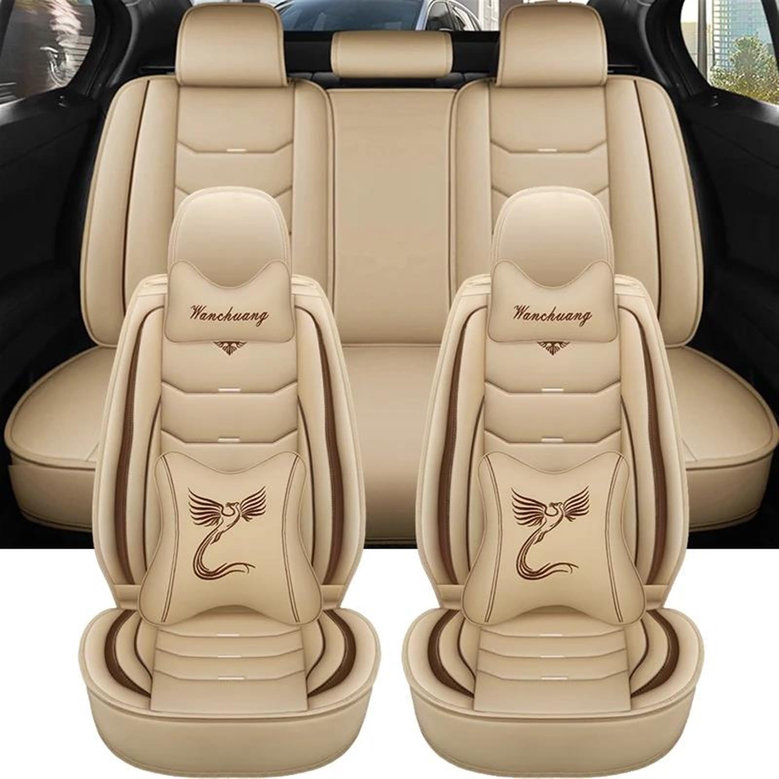 DZSFSTRHRRT AutositzbezüGe Set Universal Leder Auto Sitzbezug Für Hyundai Für Elantra Für Skoda Für Rapid Für Opel Für Vectra Innen Auto-SchonbezüGe(Beige B) von DZSFSTRHRRT