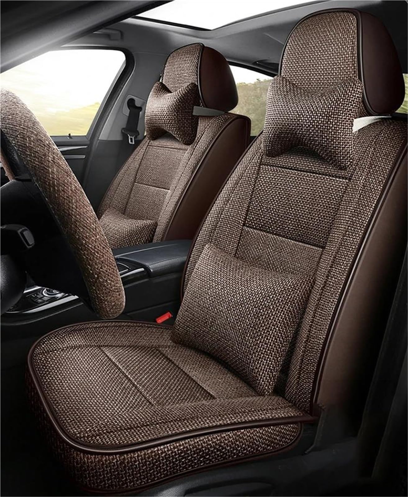 DZSFSTRHRRT Sitzbezüge Auto Flachs Auto Sitzbezug Für Suzuki Für Grand Für Vitara Für SX4 Für Swift Für Ignis Auto Zubehör Innen Autositzbezüge(Brown+Cushion) von DZSFSTRHRRT