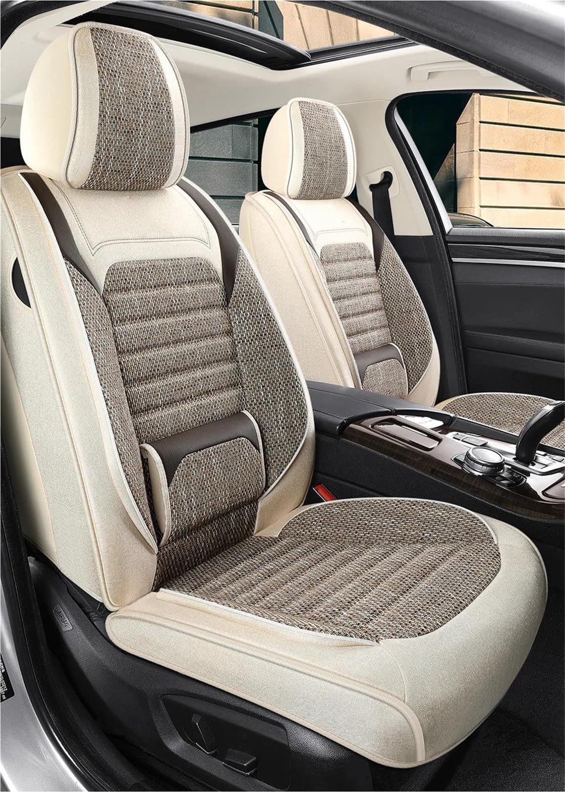 DZSFSTRHRRT Sitzbezüge Auto Flachs Autositzbezüge Sommer für C5 für Aircross Autositzbezüge Autositzkissen Autositzbezüge(Beige Coffee 5PCS) von DZSFSTRHRRT