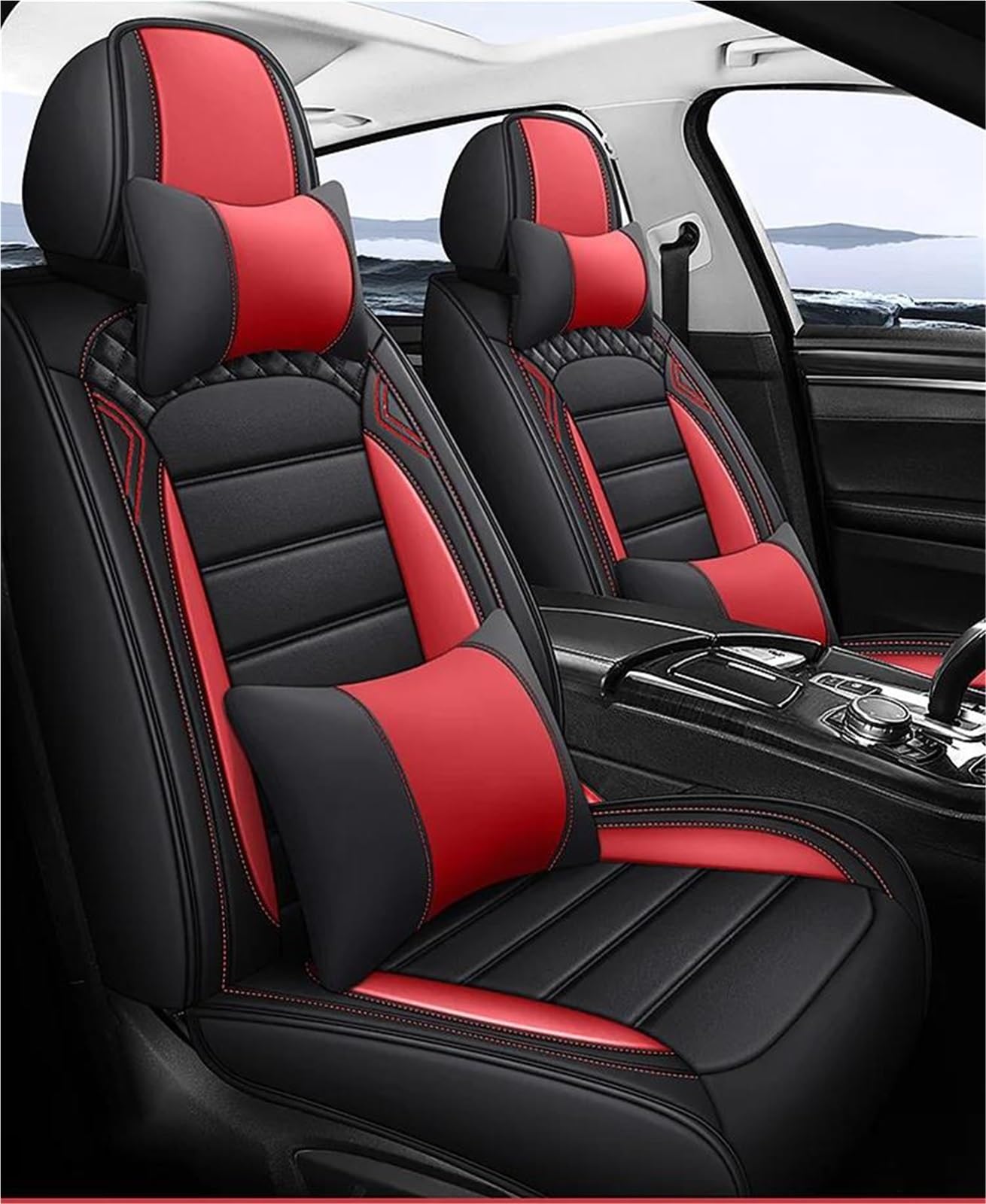 DZSFSTRHRRT Sitzbezüge Auto Leder Autositzbezug Für Mitsubishi Für Pajero L200 Für Outlander Autositzbezüge Autositzkissen Autositzbezüge(Red+Cushion) von DZSFSTRHRRT