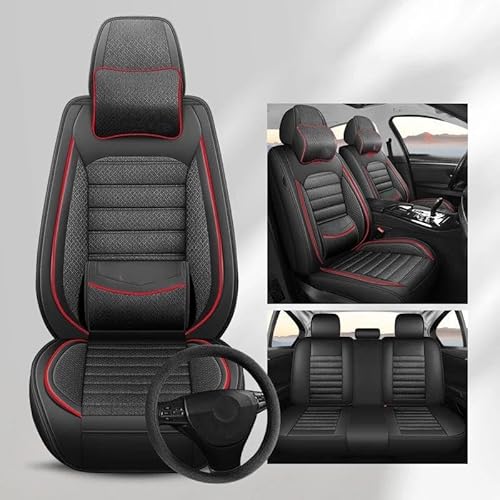 DZSFSTRHRRT Sitzbezüge Auto Leder mit Flachsmaterial Four Seasons Autositzbezüge für Citroen C4 Autositzbezüge Autositzkissen Autositzbezüge(Red 7pcs) von DZSFSTRHRRT