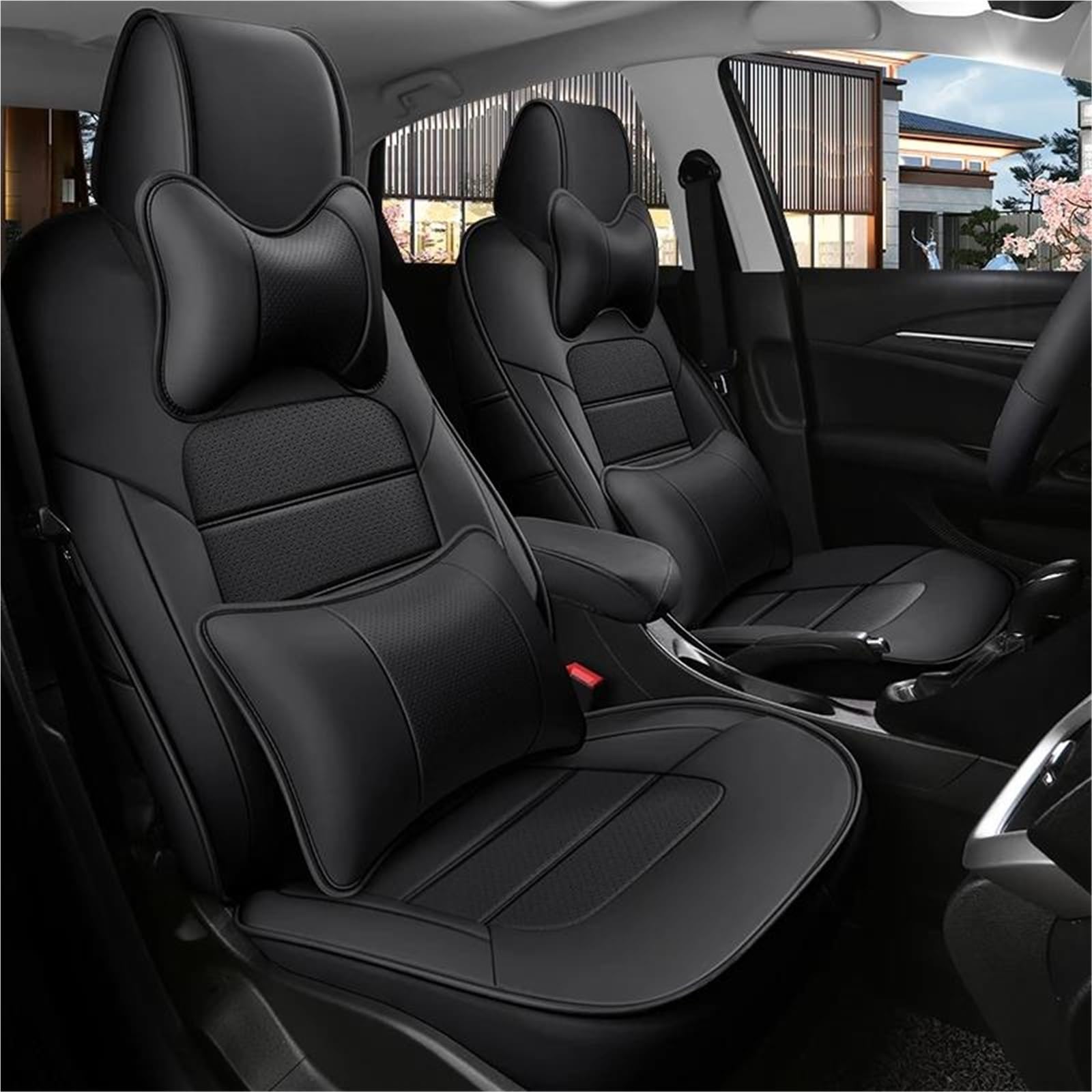 DZSFSTRHRRT Sitzbezüge Auto Luxus Full Set Custom Leder Auto Sitzbezüge Für Nissan Für Qashqai j11 2016 2017 2018 Auto Zubehör Schutzhülle Autositzbezüge(Black+Cushion) von DZSFSTRHRRT