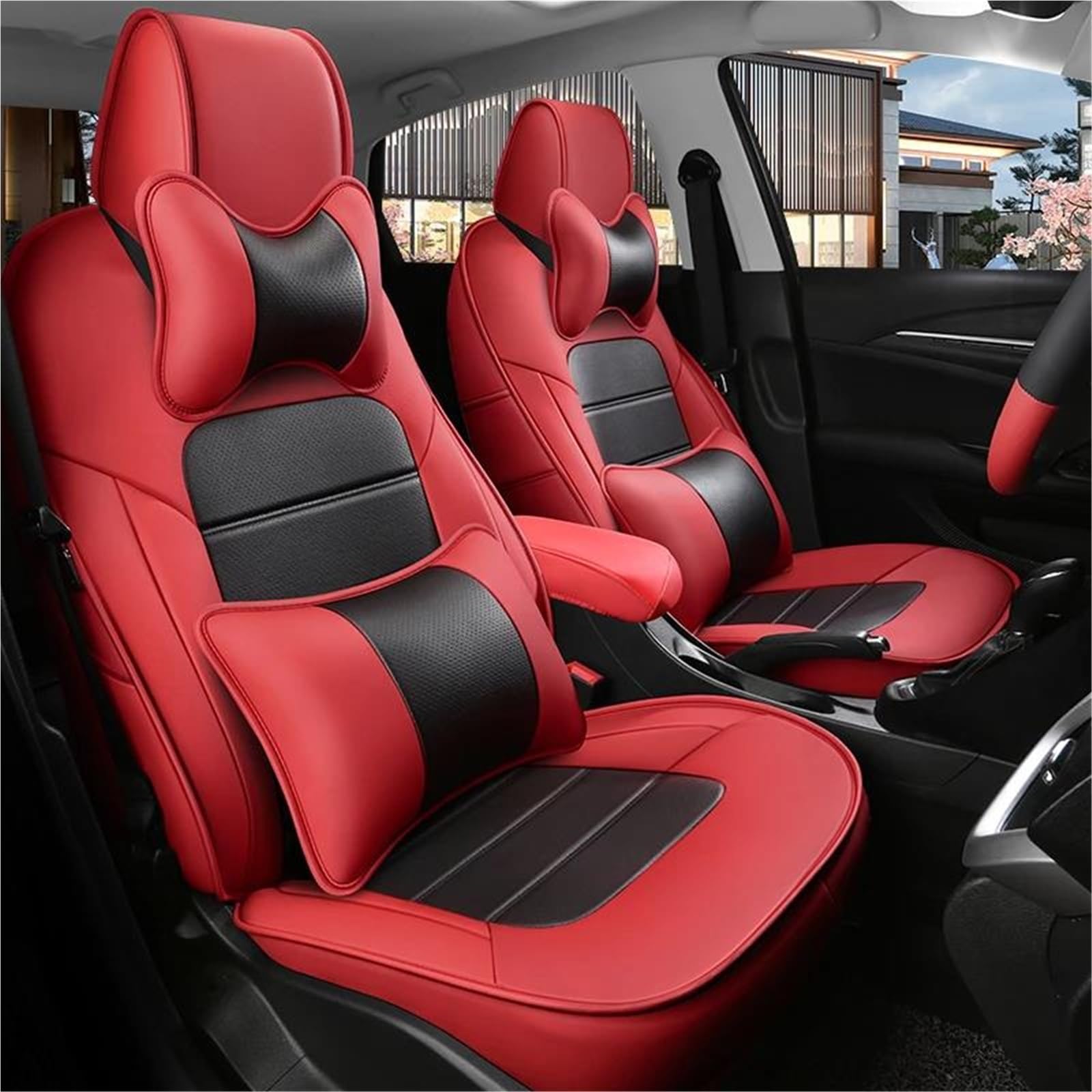 DZSFSTRHRRT Sitzbezüge Auto Luxus Full Set Custom Leder Auto Sitzbezüge Für Nissan Für Qashqai j11 2016 2017 2018 Auto Zubehör Schutzhülle Autositzbezüge(Red+Cushion) von DZSFSTRHRRT