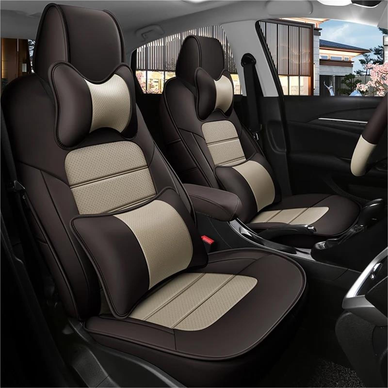 DZSFSTRHRRT Sitzbezüge Auto Luxus Full Set Custom Leder Auto Sitzbezüge Für Toyota Für RAV4 2009 2010 2011 2012 Auto Zubehör Schutzhülle innen Autositzbezüge(Brown+Cushion) von DZSFSTRHRRT