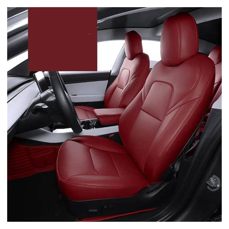 DZSHONGXINSM Sitzbezüge Auto Für Tesla Für Modell 3 Y Sitzbezug Leder OEM Design Full Surround Auto Modifizierte Innenausstattung Sitzbezügesets(WEINROT) von DZSHONGXINSM
