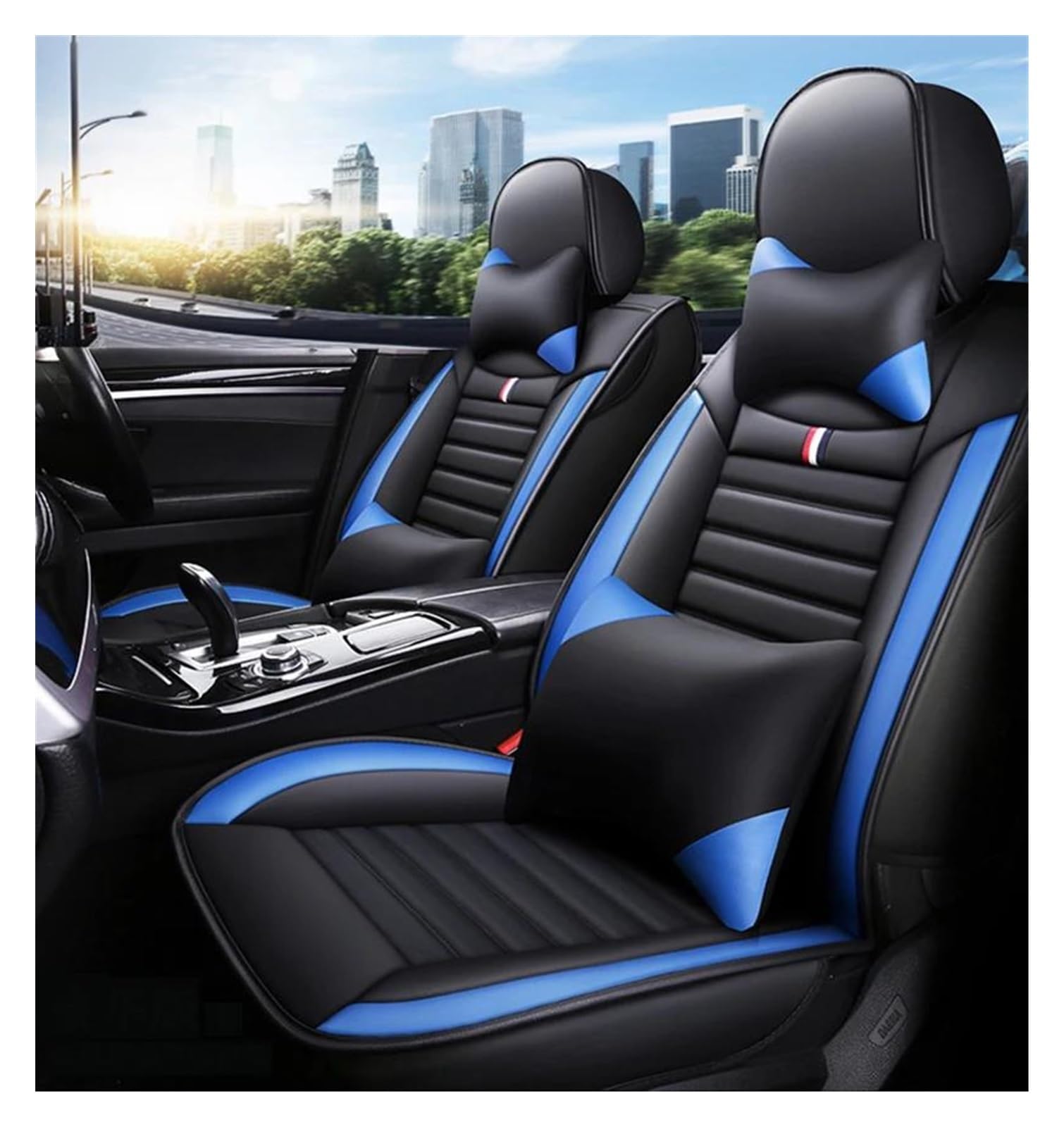 DZSHONGXINSM Sitzbezüge Auto Universal Auto Sitzbezug Innen Details Für Benz Für C-Klasse W205 W202 W203 W204 A205 C204 C205 S202 S203 S204 Auto Zubehör Sitzbezügesets(Luxury Black Blue) von DZSHONGXINSM