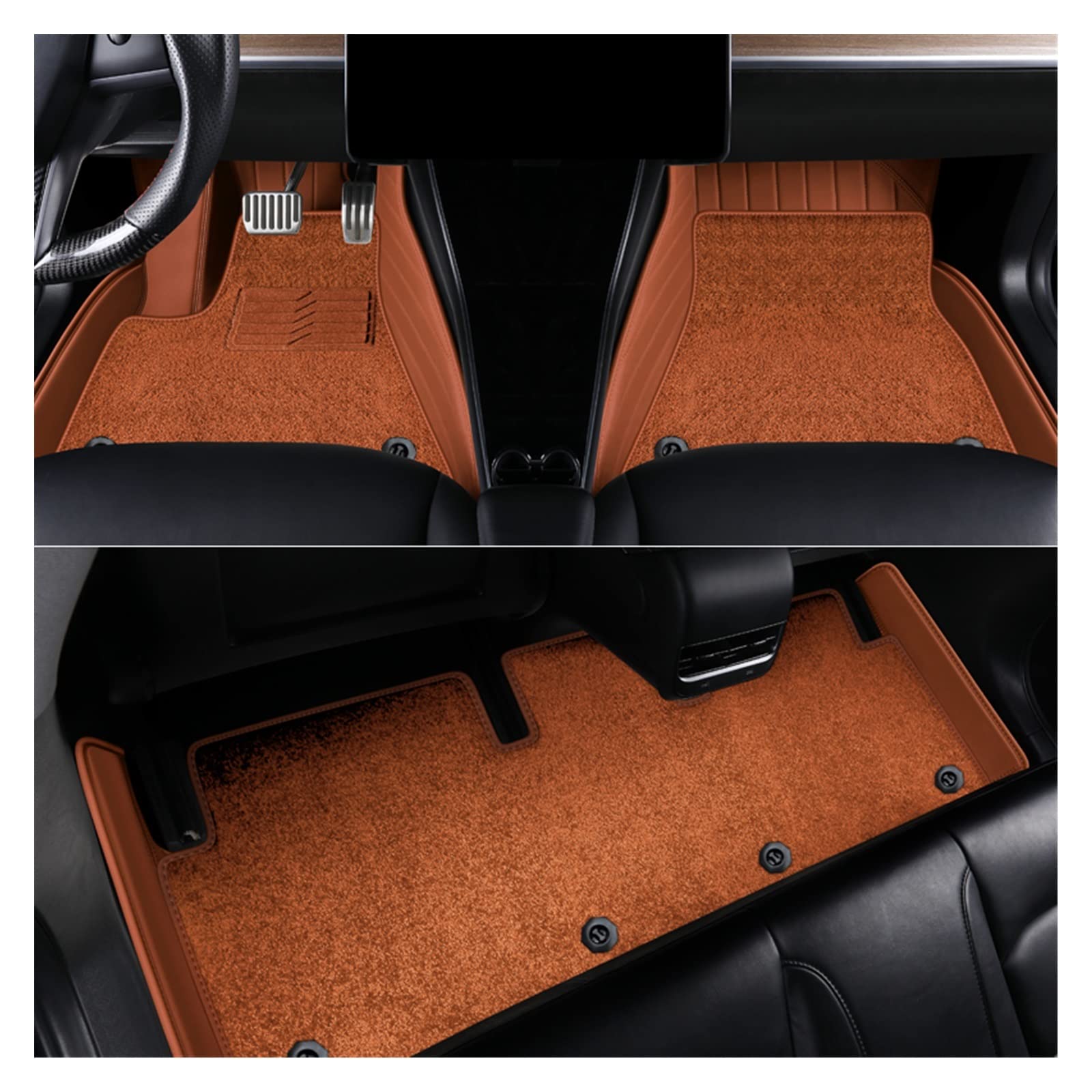 Auto Fussmatten Für Tesla Für Modell Y Custom Fit Autozubehör Bodenmatte Innenraum ECO-Material Für Tesla Für Modell 3 Doppelschichten Echtleder Weiß Auto Matten(Brown Model 3) von DZSJHGFDD