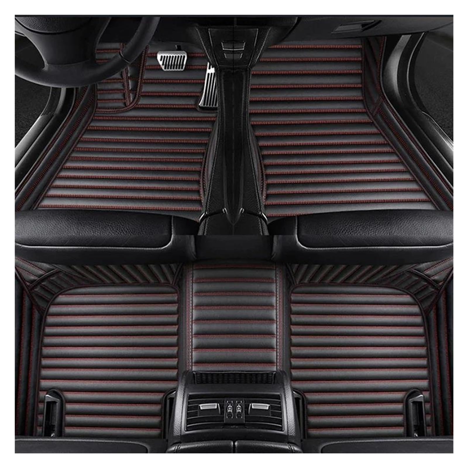 Autoteppich Benutzerdefinierte Streifen Leder 5D Auto Fußmatten Für 7 Serie Für F01 2008-2015 Innenausstattung Antirutschmatte Auto(Black and red 5 Seats) von DZSLLOOI