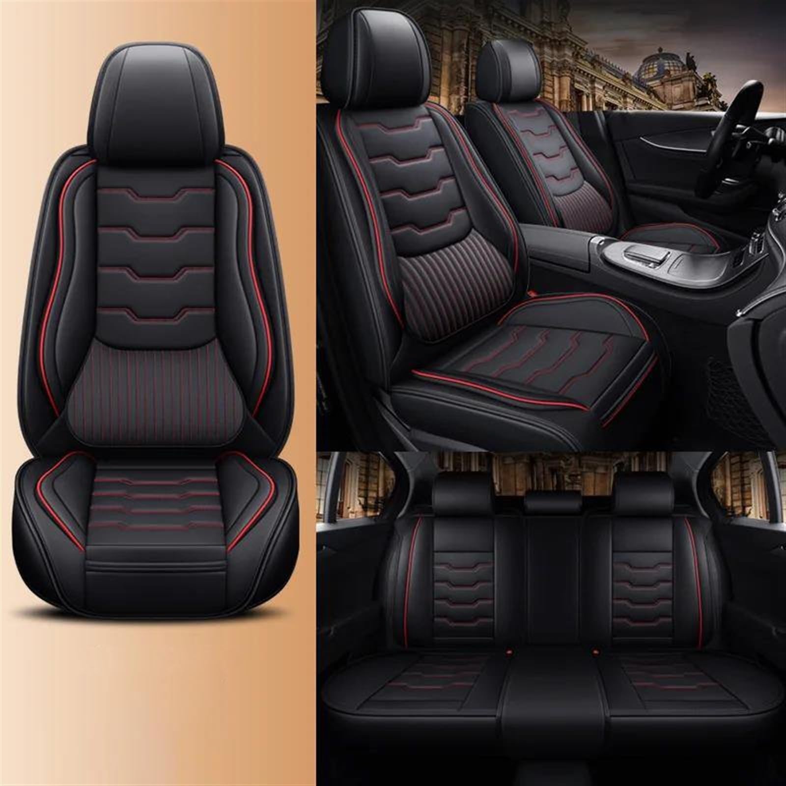 DZSLLOOI Pkw-Sitzbezug Luxus Universal Leder Auto Sitzbezüge Vollen Satz Für Leon MK2 Für Yaris Für Trafic 3 Für W211 Für Soul Für A4 Auto-Sitzschoner(Schwarz Rot) von DZSLLOOI