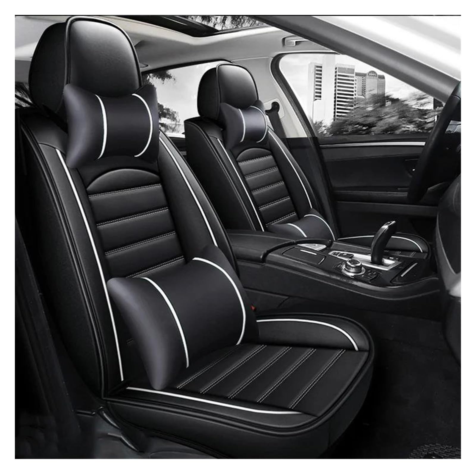 DZSQEGBX Autositzbezüge Autositzbezug Lederzubehör Für Chrysler 300c Für Sebring PT Für Cruiser Für Grand Für Voyager 300s Für Automobile Auto-Styling Auto Sitzschoner(Black White Pillow) von DZSQEGBX