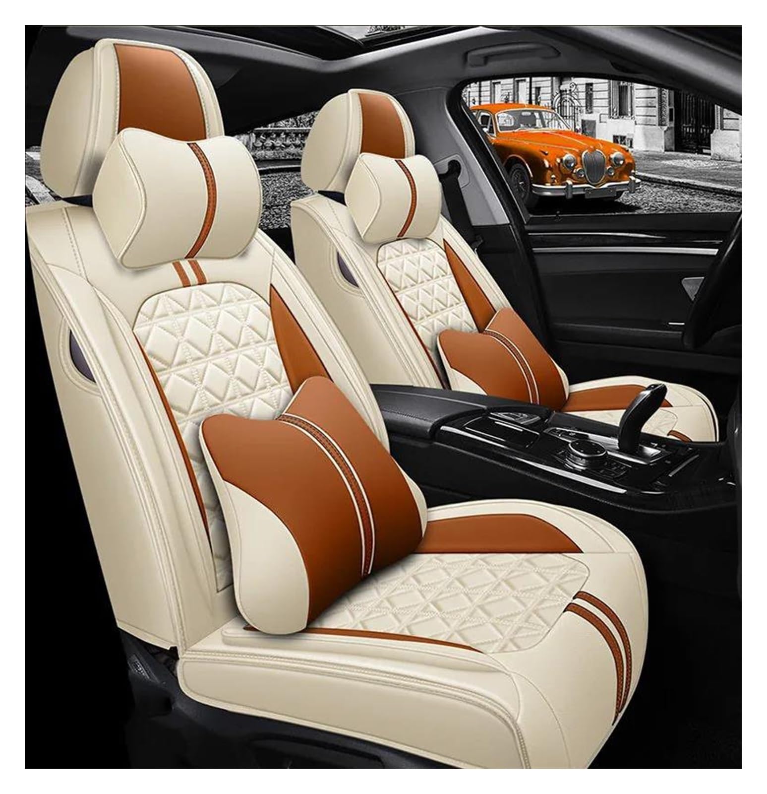 DZSQEGBX Autositzbezüge Autositzschoner Leder Autositzbezug-Set Für Plutus Universal Leder Autozubehör Autositzschoner Kissen Sitzschoner Auto Sitzschoner(BEIGE LUX) von DZSQEGBX