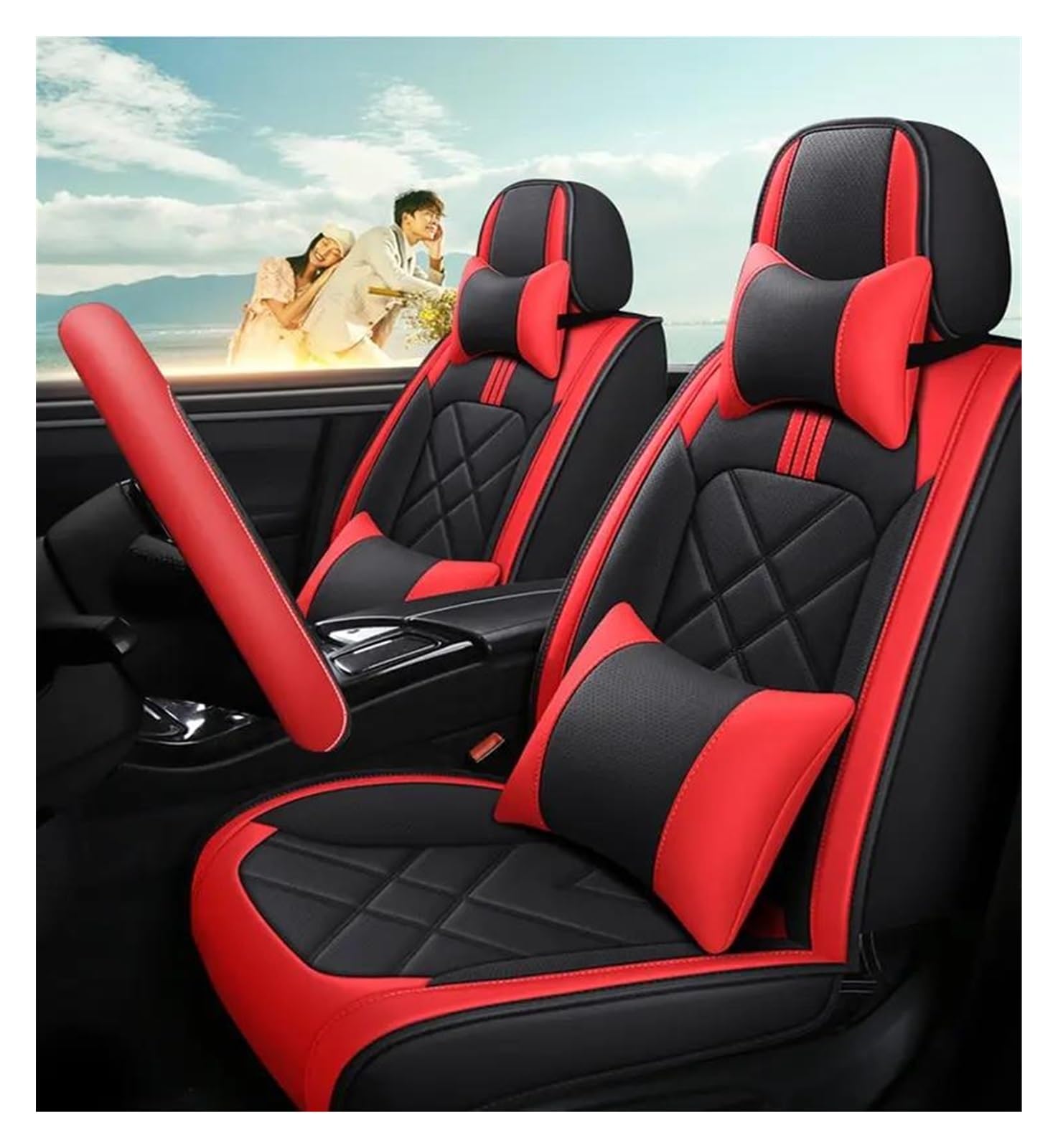 DZSQEGBX Autositzbezüge Für Citroen Alle Modelle Für Aircross Für Picasso C4 C5 C6 C2 C3 Für C-Elysee Für C-Triomphe Auto Sitzbezug Leder Auto Zubehör Auto Sitzschoner(Black Red Pillow) von DZSQEGBX