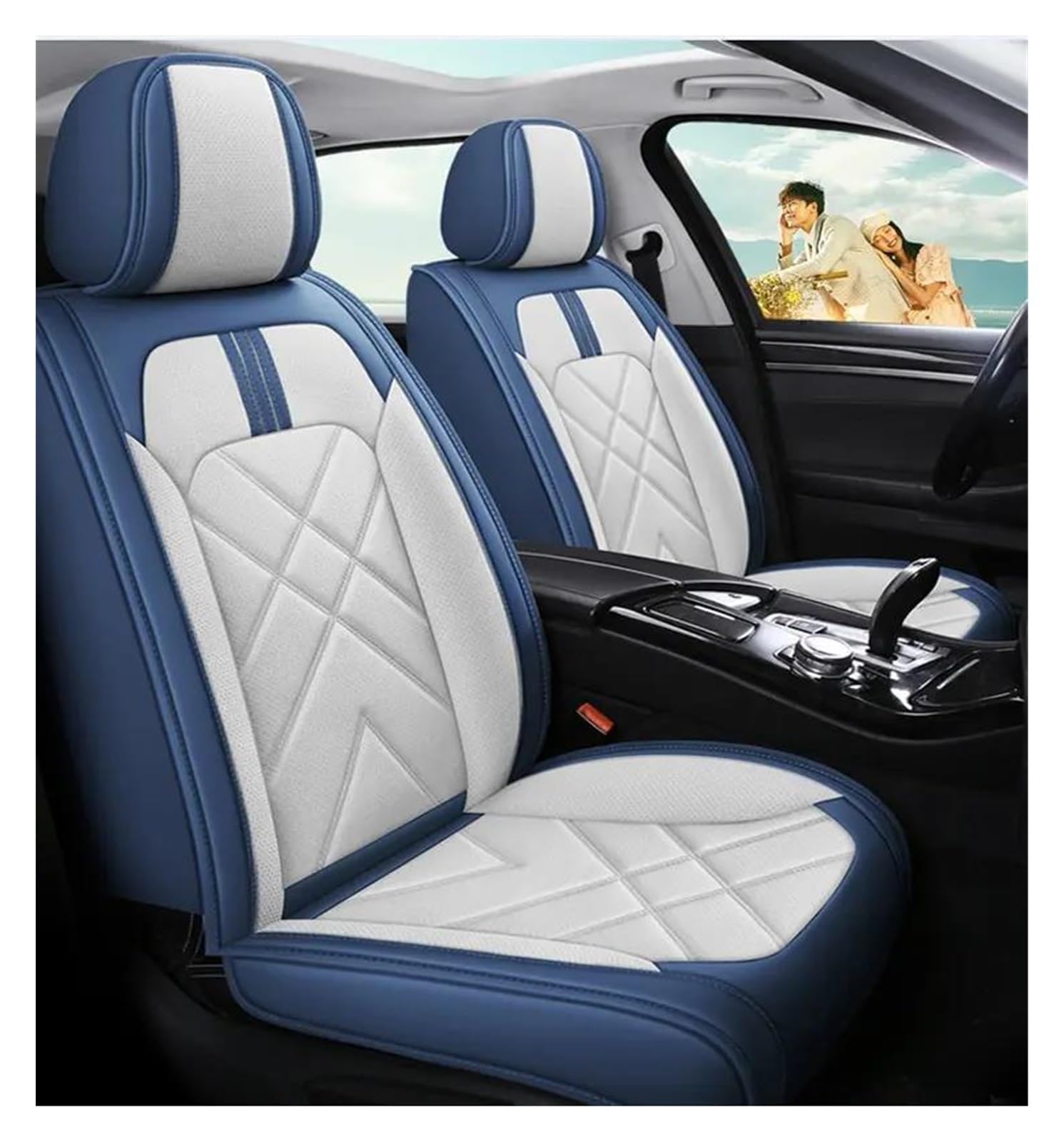 DZSQEGBX Autositzbezüge Für Citroen Alle Modelle Für Aircross Für Picasso C4 C5 C6 C2 C3 Für C-Elysee Für C-Triomphe Auto Sitzbezug Leder Auto Zubehör Auto Sitzschoner(Blue White) von DZSQEGBX