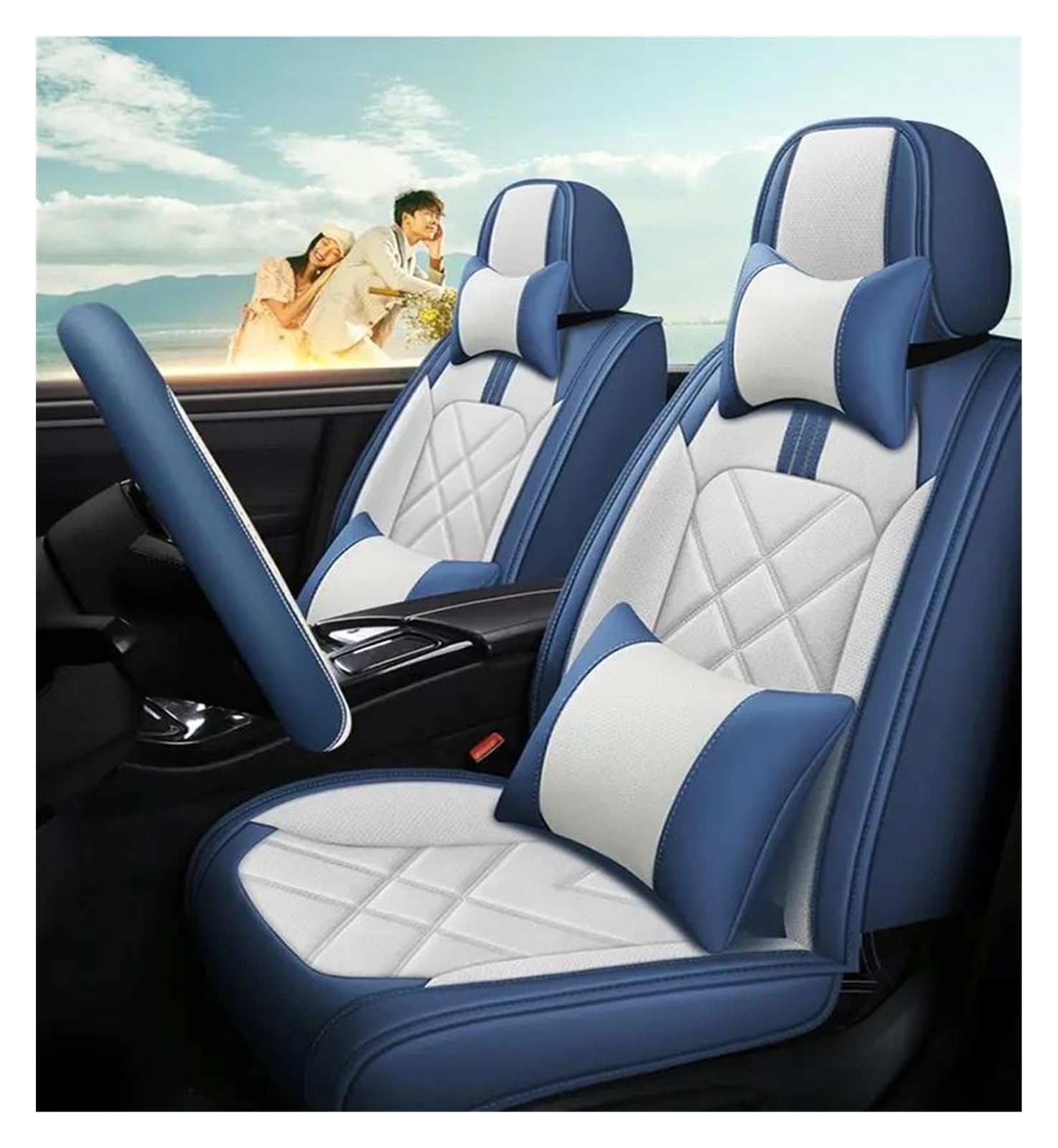 DZSQEGBX Autositzbezüge Für Citroen Alle Modelle Für Aircross Für Picasso C4 C5 C6 C2 C3 Für C-Elysee Für C-Triomphe Auto Sitzbezug Leder Auto Zubehör Auto Sitzschoner(Blue White Pillow) von DZSQEGBX