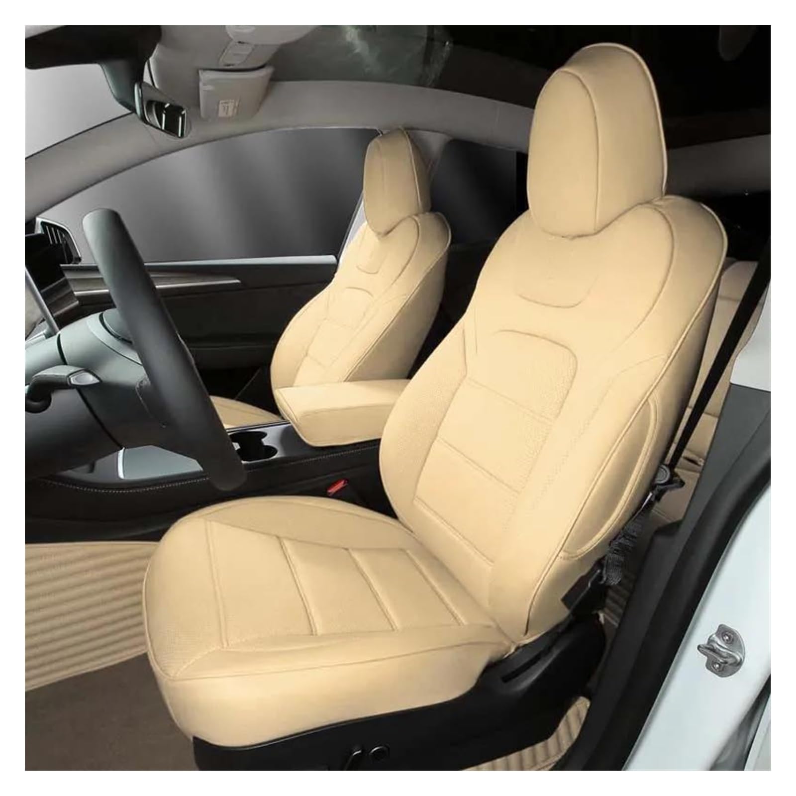 DZSQEGBX Autositzbezüge Für Tesla Für Modell XS Autositze Abdeckung Leder Vollständig Umlaufendes Individuelles Innenzubehör Autositzschutz Auto Sitzschoner(Beige) von DZSQEGBX