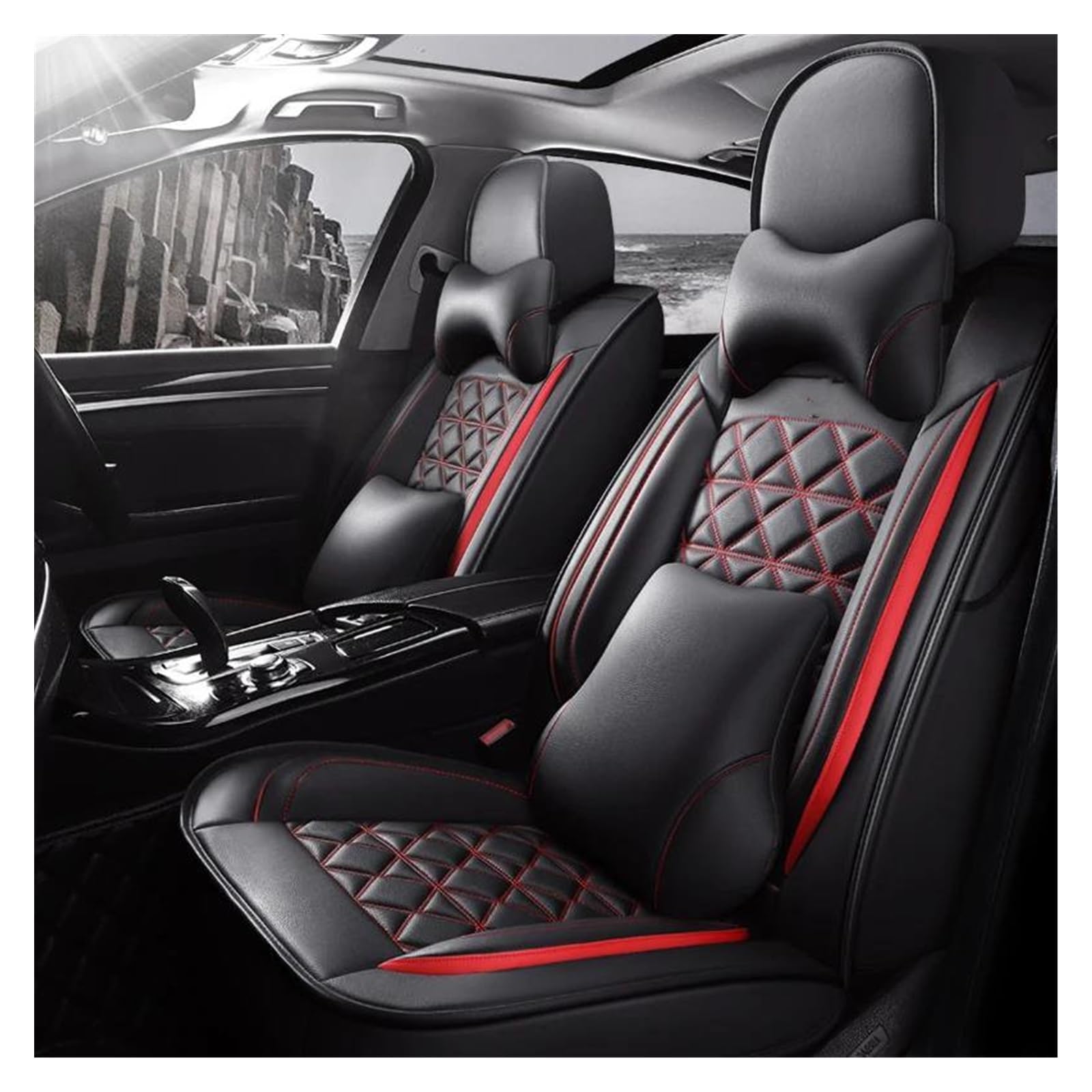 DZSQEGBX Autositzbezüge Universeller Autositzbezug Für Die Meisten 5-Sitzer-Autositzschoner Auto Sitzschoner(Luxury Black red) von DZSQEGBX