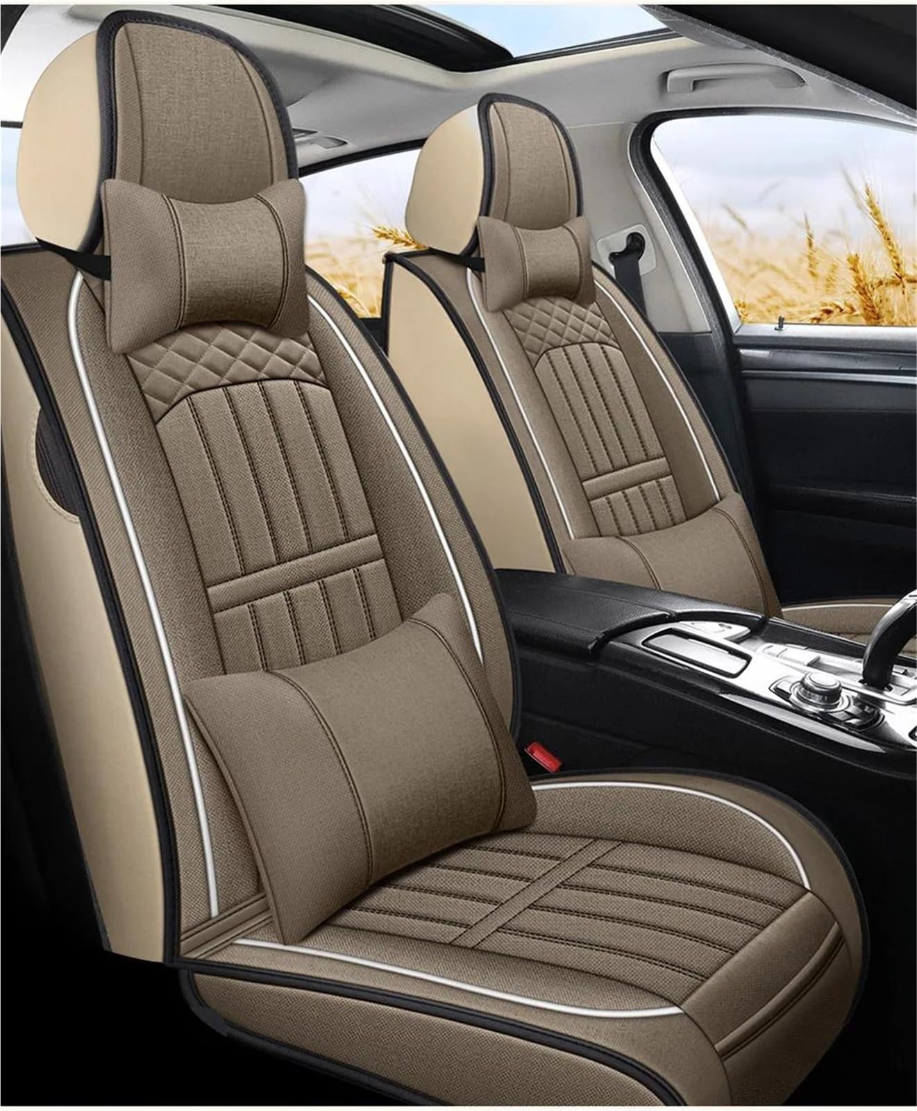 DZSQHDSAF Sitzbezüge Auto Autos Flachs Auto Sitzbezug Für E46 Zubehör Innen Full Set Autositzbezüge Auto Sitzkissen Sitzschoner Auto(Khaki+Cushion) von DZSQHDSAF