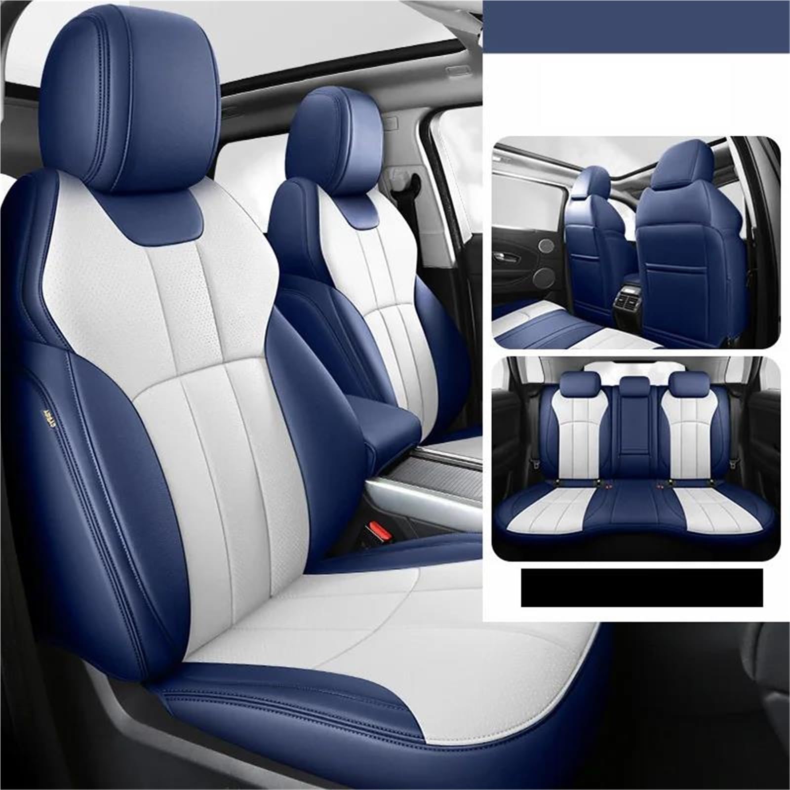 DZSQHDSAF Sitzbezüge Auto Echtleder-Autositzbezug-Set für Mitsubishi für Outlander XL, Innendetails, Kfz-Zubehör Sitzschoner Auto(White Blue) von DZSQHDSAF