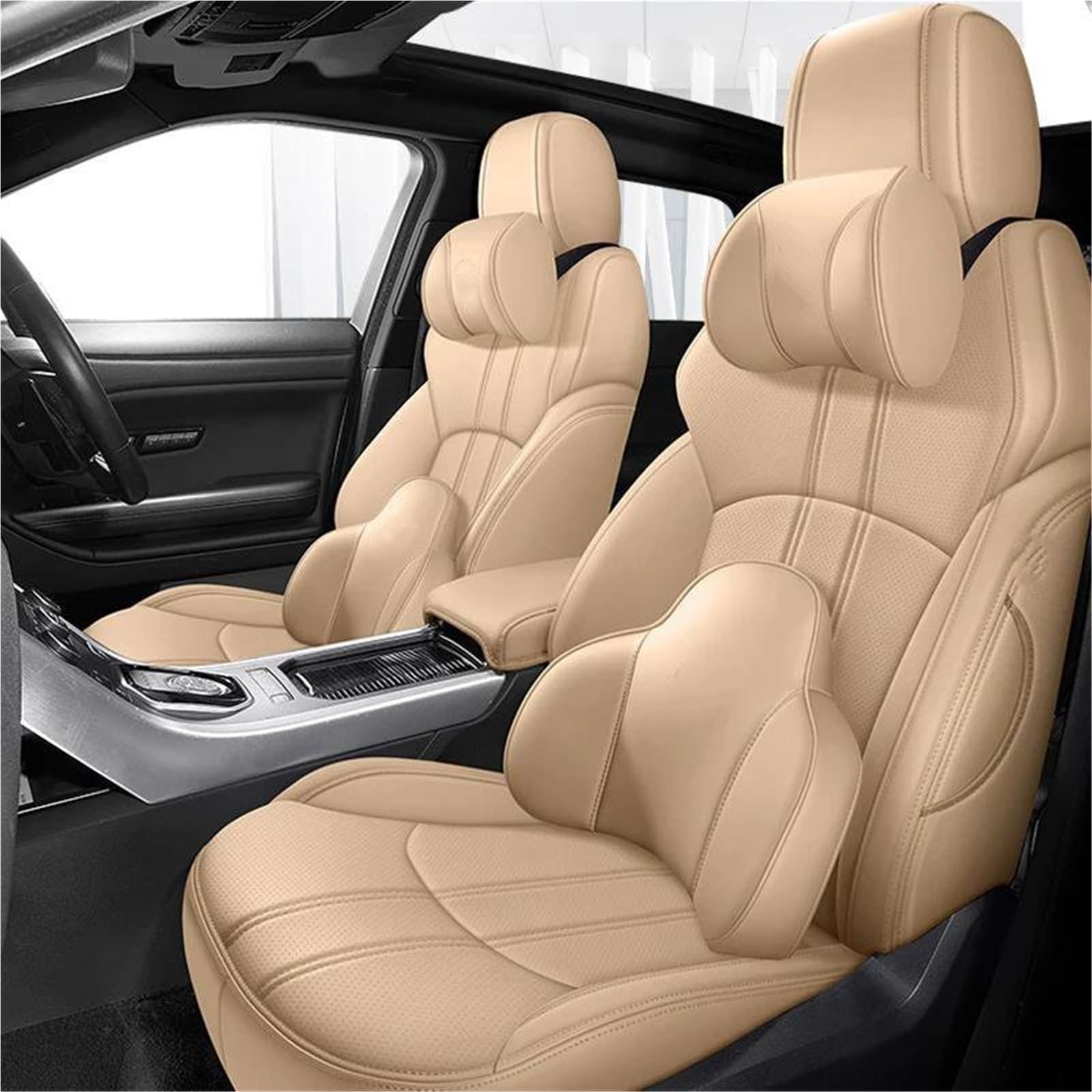 DZSQHDSAF Sitzbezüge Auto Leder 5 Sitze Autositzbezüge für Lexus für NX 2015 2016 2017 2018 Zubehör Sitzschoner Auto(Beige+Pillow) von DZSQHDSAF