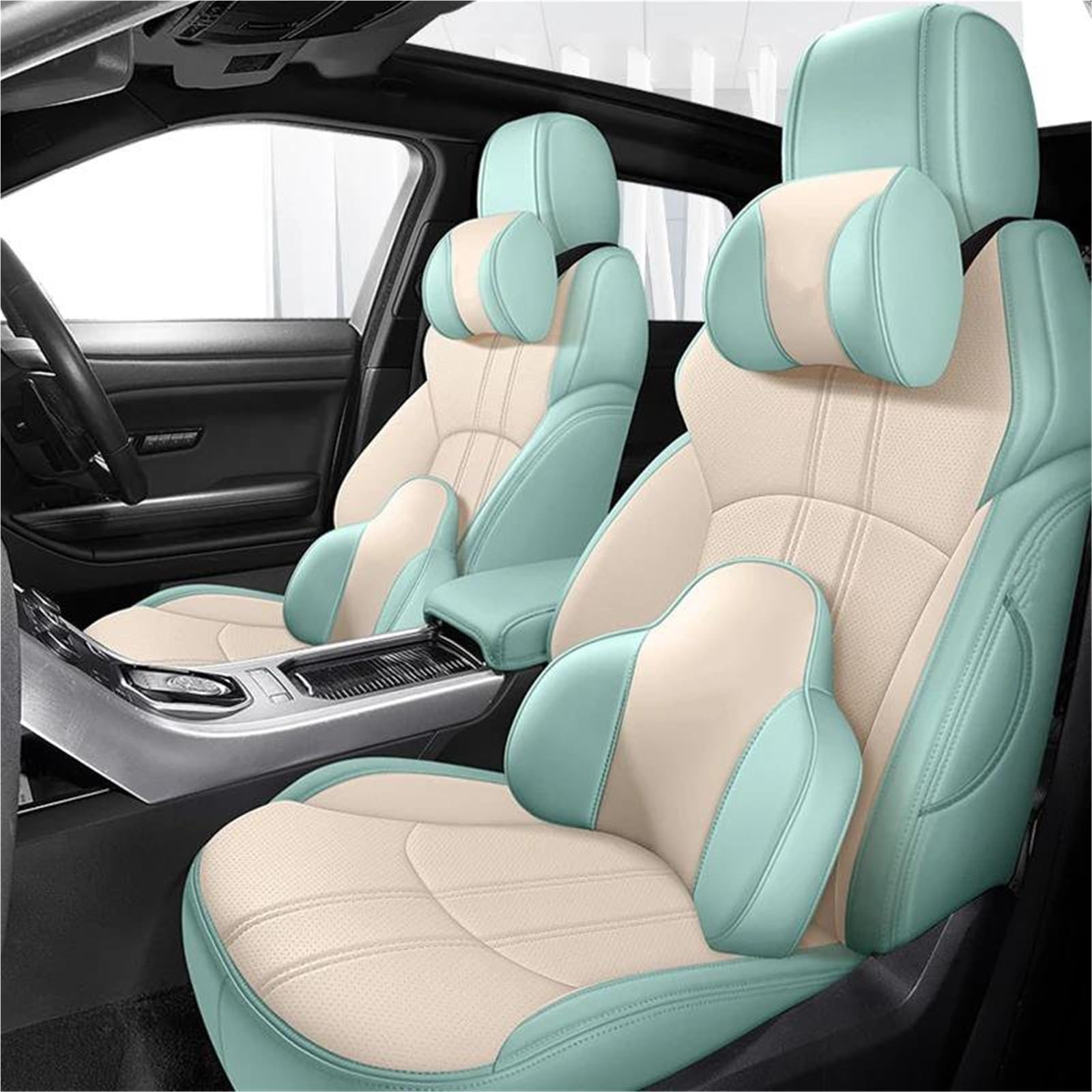 DZSQHDSAF Sitzbezüge Auto Leder 5 Sitze Autositzbezüge für Lexus für NX 2015 2016 2017 2018 Zubehör Sitzschoner Auto(WH Green+Pillow) von DZSQHDSAF