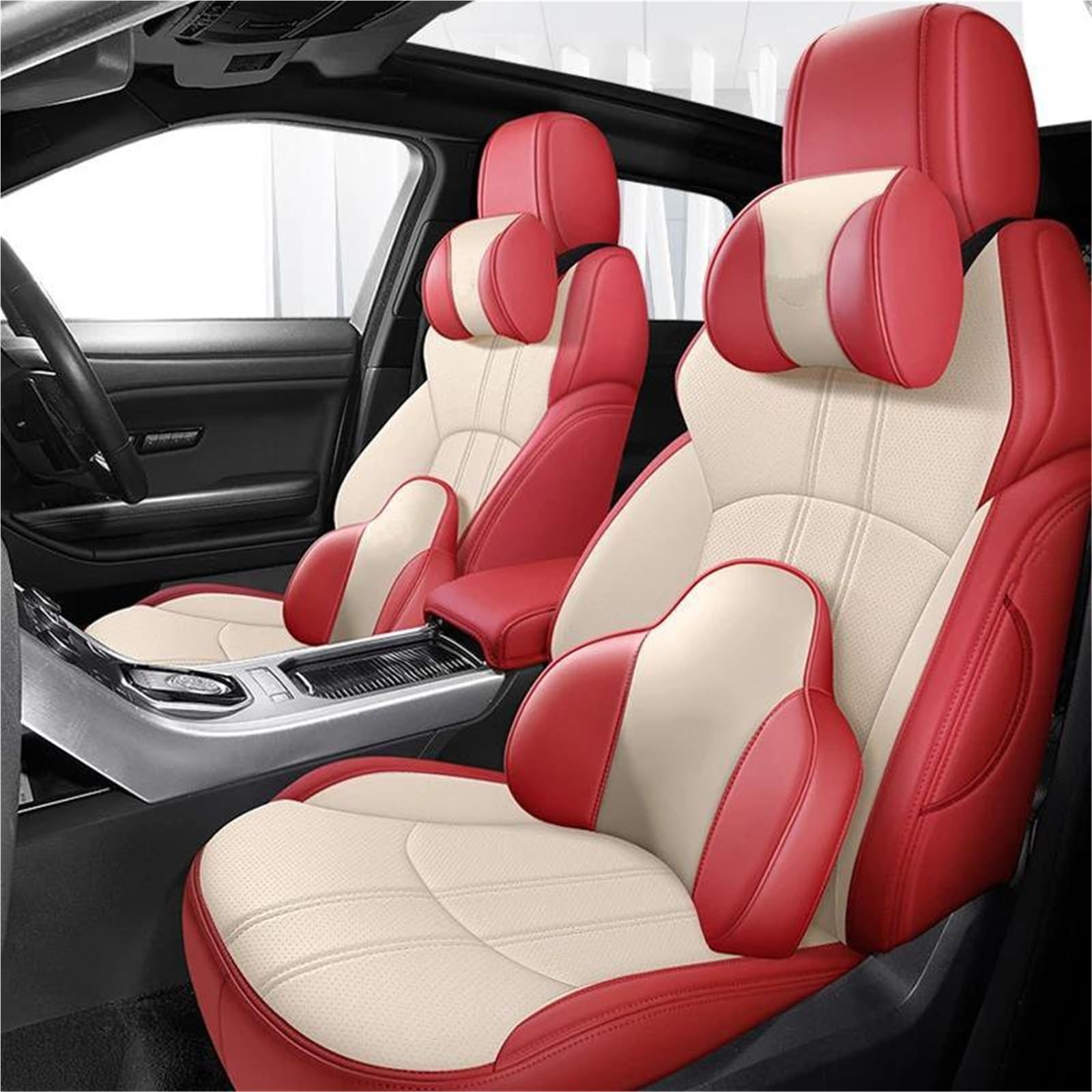 DZSQHDSAF Sitzbezüge Auto Leder 5 Sitze Autositzbezüge für Lexus für NX 2015 2016 2017 2018 Zubehör Sitzschoner Auto(WH red+Pillow) von DZSQHDSAF