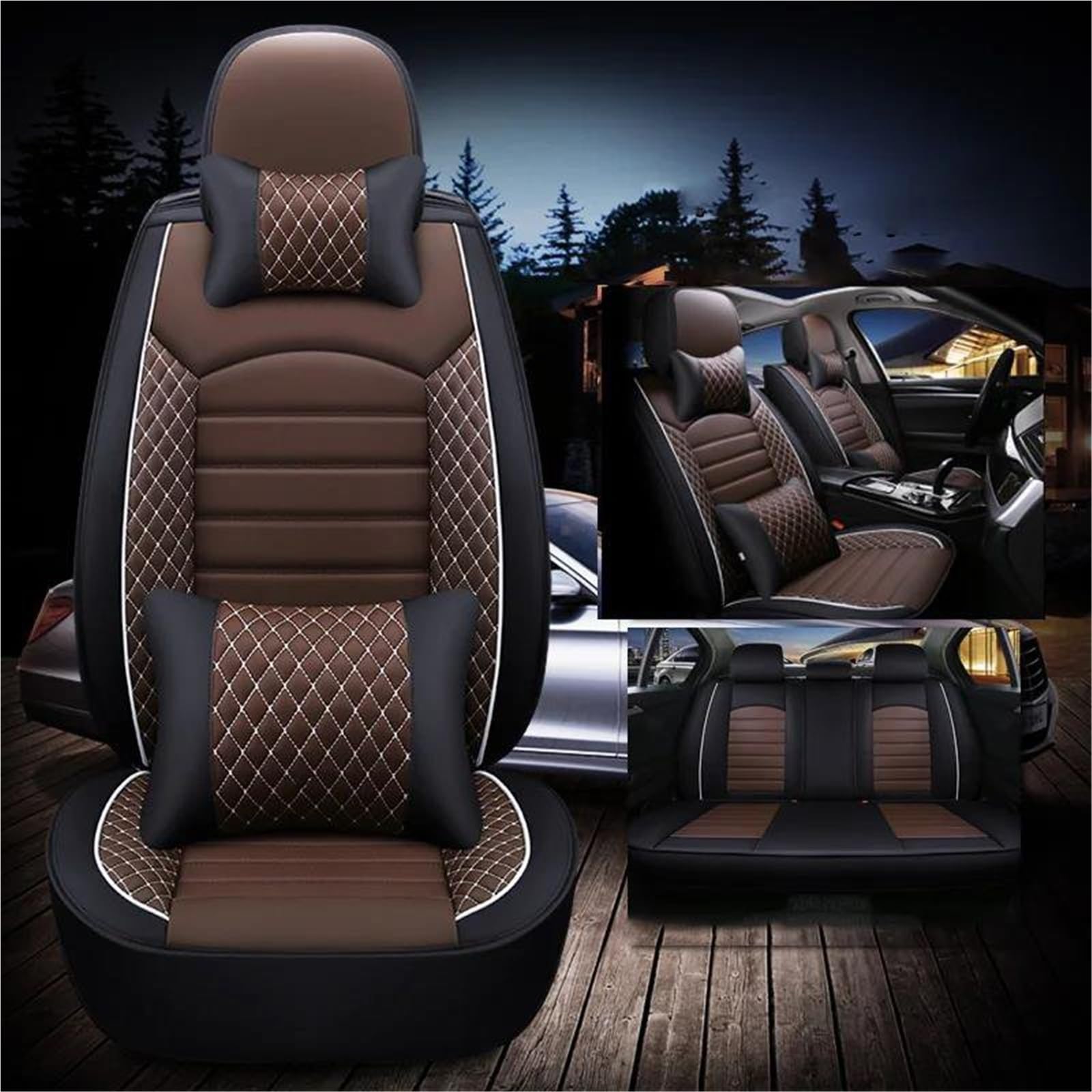 DZSQHDSAF Sitzbezüge Auto Vollständiger Satz Autositzbezug für X5 E53 X1 F48 E61 Autositzbezüge Autositzkissen Sitzschoner Auto(Bk Coffee+Pillow) von DZSQHDSAF