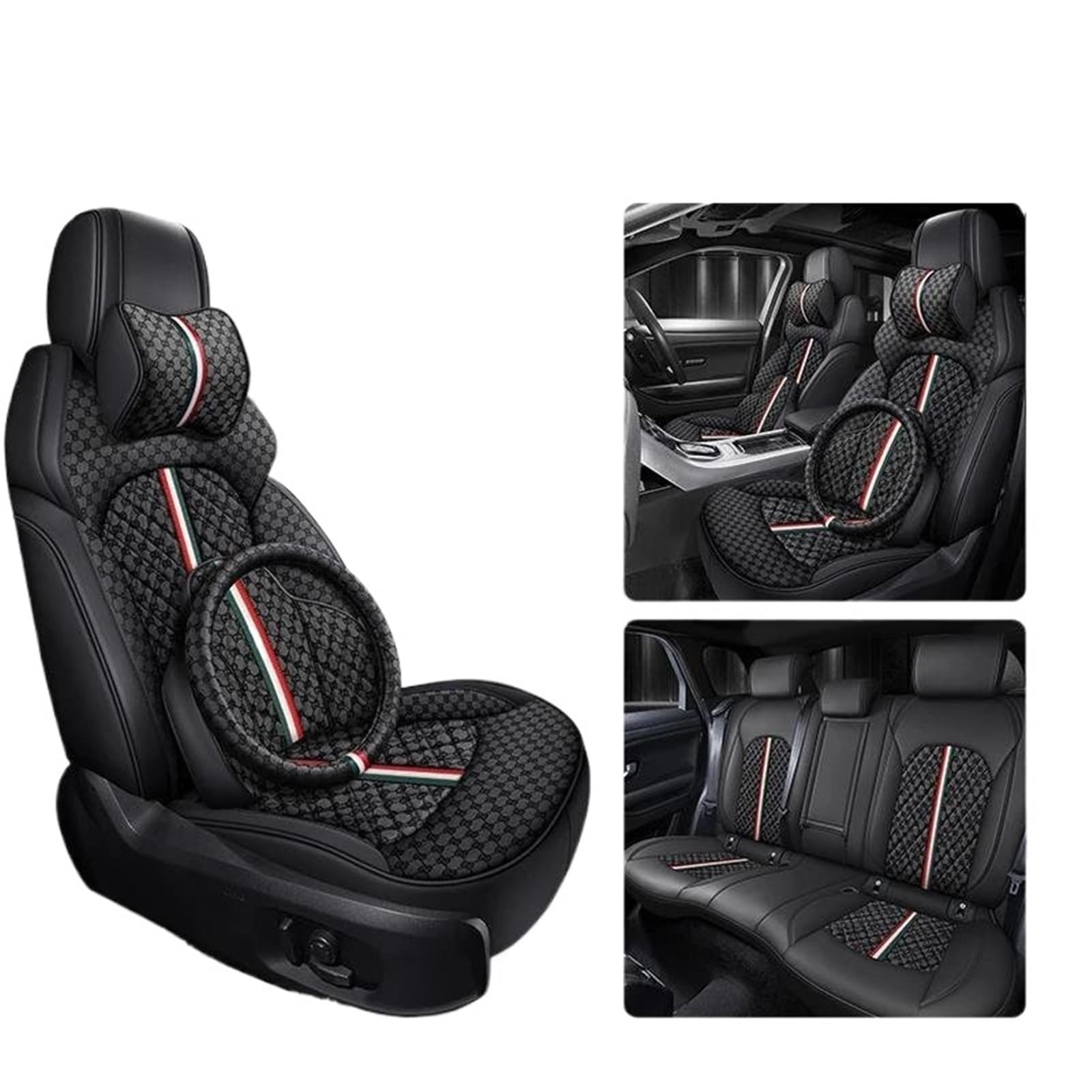 DZSQMLJG Sitzbezüge Auto Autositzbezüge für FIAT 500 2011 2012 2013 2014 Luxus-Komplettset Innenteile Automobilzubehör Autositzschoner(Black+Pillow) von DZSQMLJG