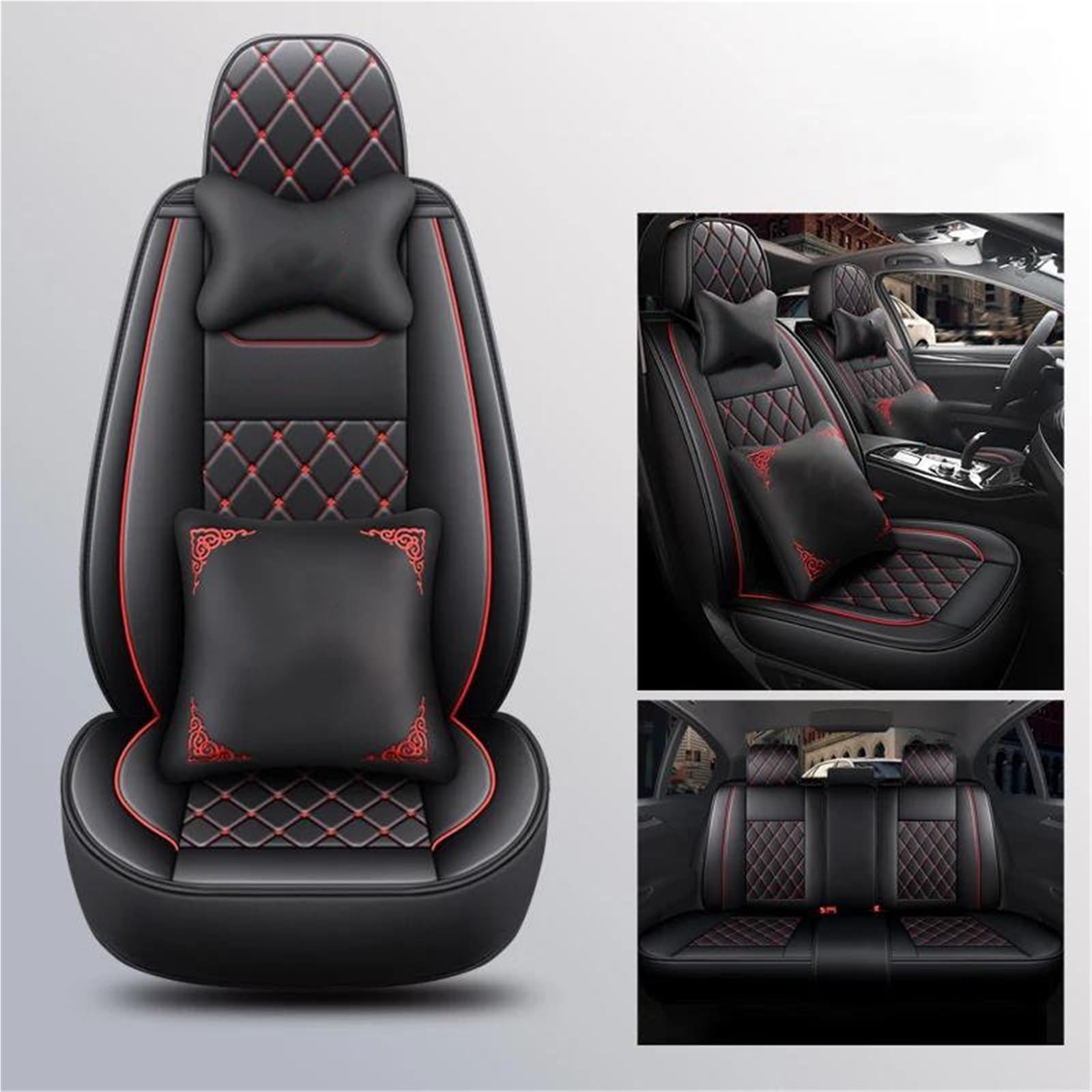 DZSQMLJG Sitzbezüge Auto Leder Autositzbezug Capes für Chevy für Captiva für Onix für Cruze für Orlando für Sail für Sonic Auto Full Set Zubehör Autositzschoner(Red+Cushion) von DZSQMLJG