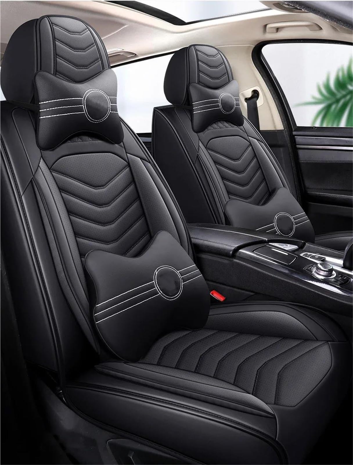 DZSQMLJG Sitzbezüge Auto Leder-Autositzbezug für Kia für Stinger, Zubehör, Innenausstattung, komplettes Set Autositzschoner(Black+Pillow) von DZSQMLJG