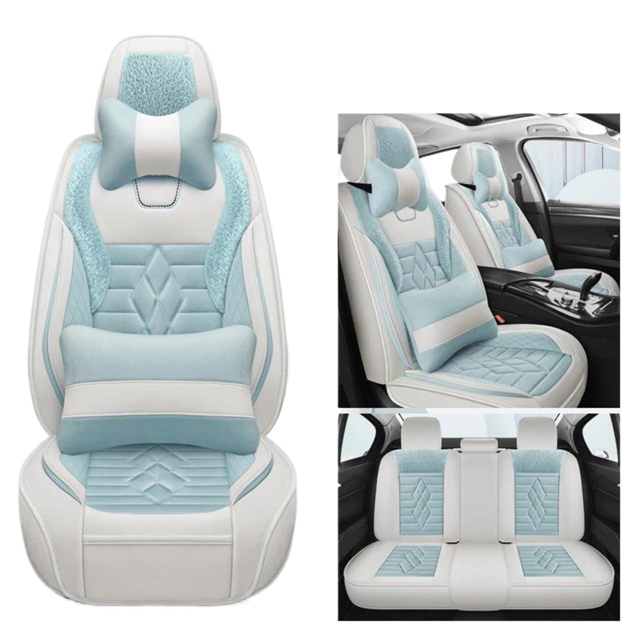 DZSQMLJG Sitzbezüge Auto Plüsch-Autositzbezüge für Volvo für S40 XC60, Auto-Kissenschutz-Set, Winter-Innenausstattung Autositzschoner(Blue+Pillow) von DZSQMLJG