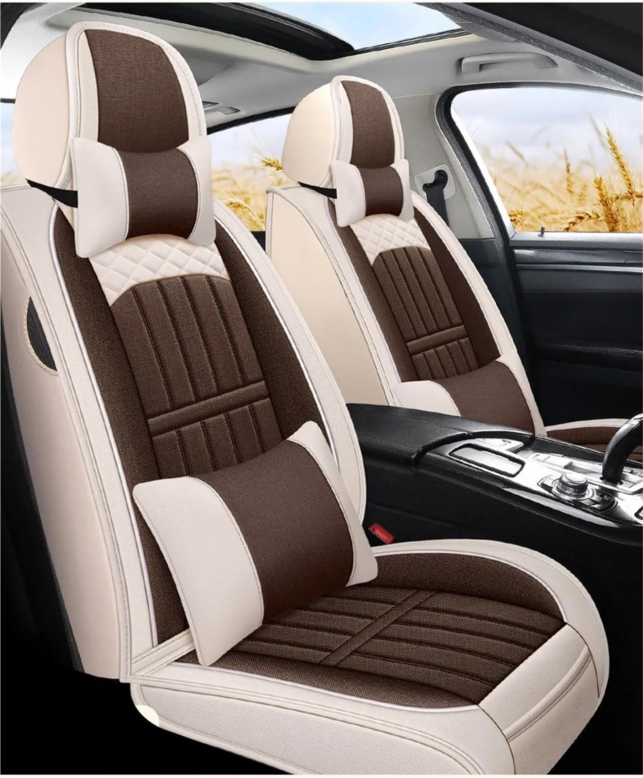 Sitzbezüge Auto Autos Flachs Auto Sitzbezug Für Peugeot 307 Zubehör Innen Full Set Autositzbezüge Auto Sitzkissen Autositzschoner(Brown+Cushion) von DZSQMLJG