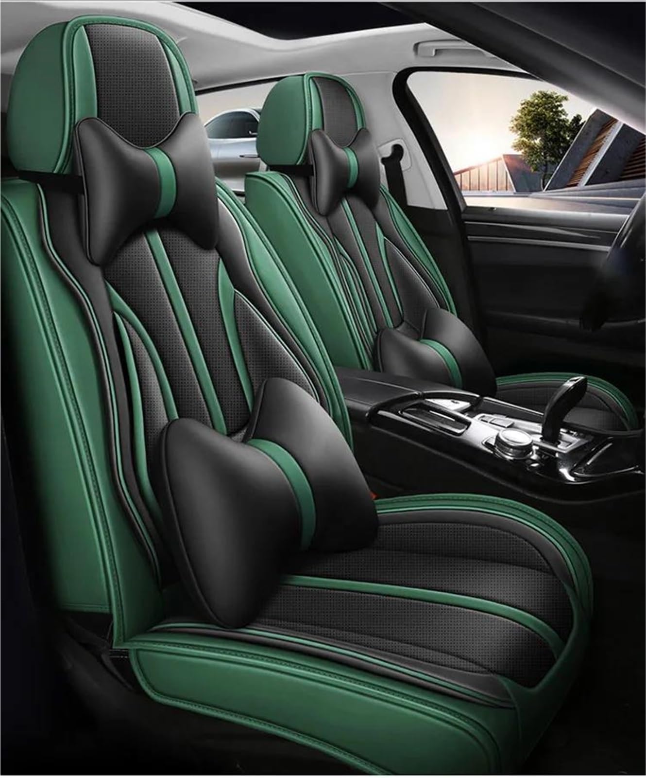 DZSYBUIGB Autositzbezüge Atmungsaktives Leder-Autositzbezug, komplettes Set Für A1 A4 A5 Für Sportback Autozubehör Auto-Schonbezüg(Green+Pillow) von DZSYBUIGB