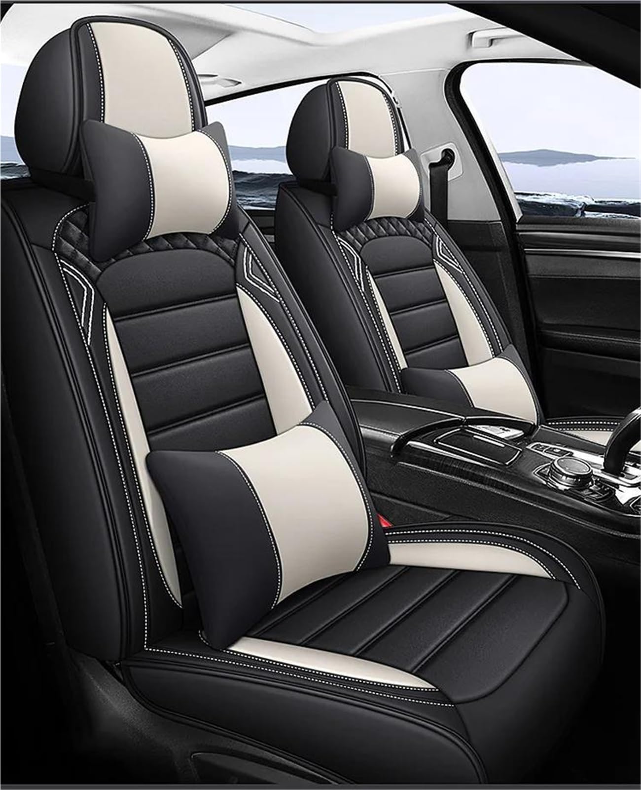 DZSYBUIGB Autositzbezüge Leder-Autositzbezug für Ford für Ranger für Puma für Fiesta Autositzbezüge Autositzkissen Auto-Schonbezüg(Black White+Cushion) von DZSYBUIGB