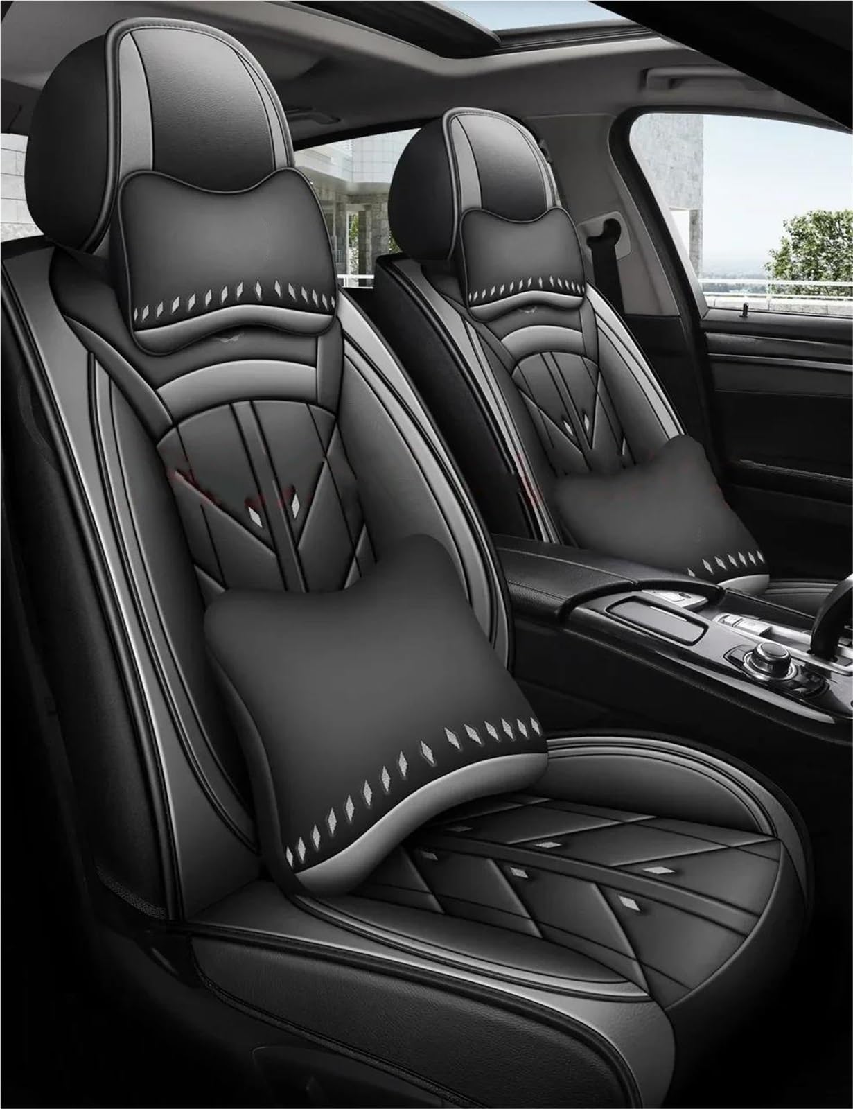 DZSYBUIGB Autositzbezüge Pu-Leder-Autositzbezug für Lincoln für MKZ MKC MKX MKT für Navigator für Aviator Auto-Schonbezüg(Black Gray+Pillow) von DZSYBUIGB