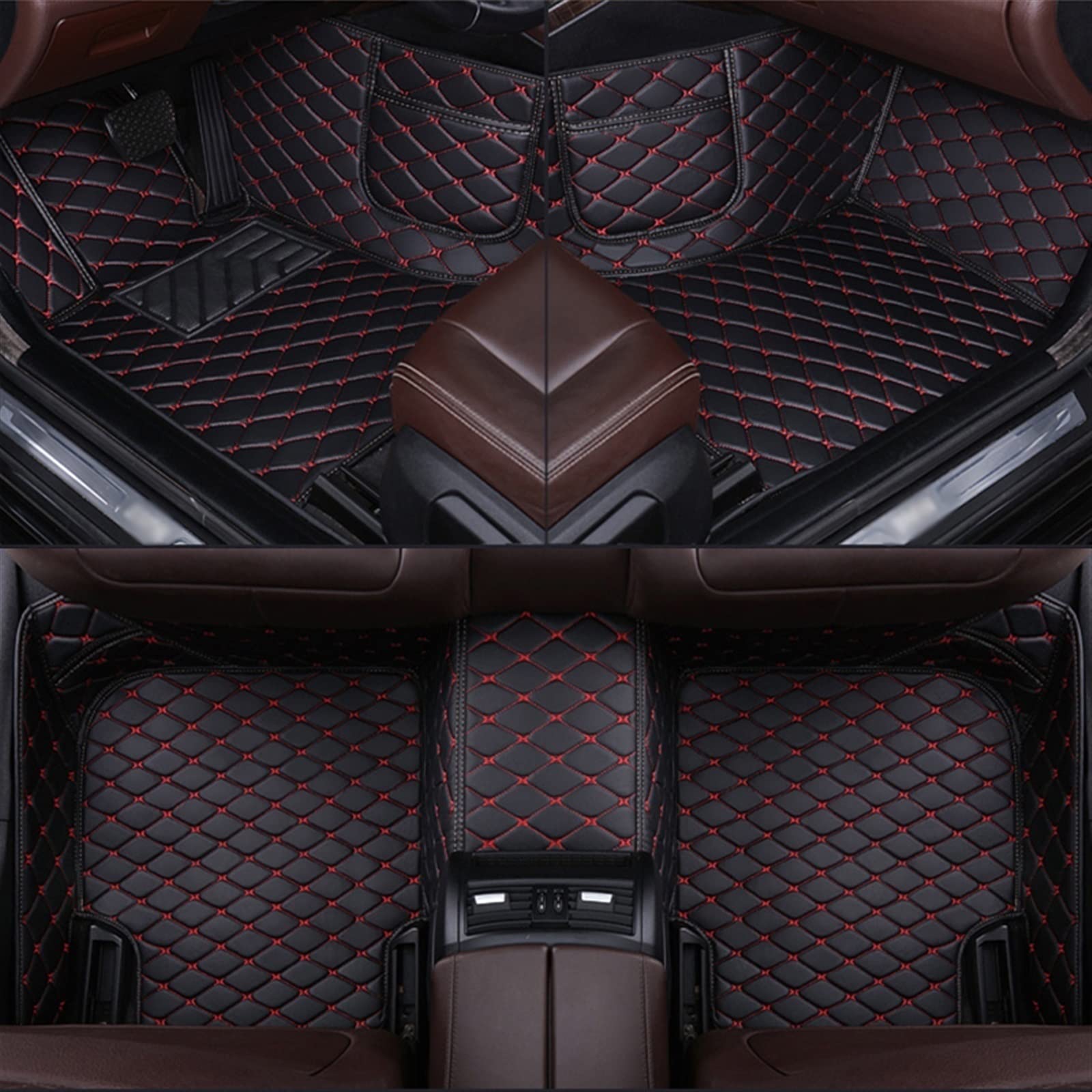 Für Tesla Für Modell 3 2019 2020 2021 2022 Custom Leder Auto Bodenmatte Teppich Langlebig Mit Handytasche Antirutschmatte Auto(Schwarz Rot) von DZSYOHFS