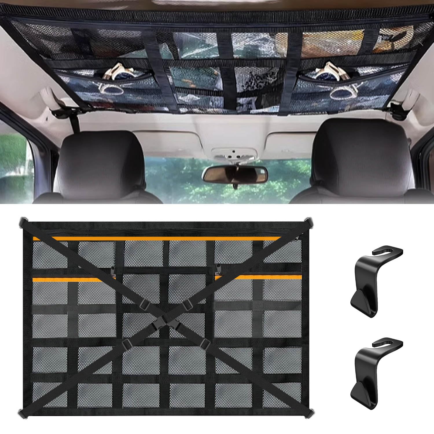 Gepäcknetz Autodach, 90×65cm Dachnetz Auto Innen, Aufbewahrungsnetz, Auto Netz Dachhimmel mit Verstellbare Kreuzgurte und 3 unabhängige Reißverschlusstaschen für Vier Dach Armlehnen Jeeps, Van, SUV von Dafencar