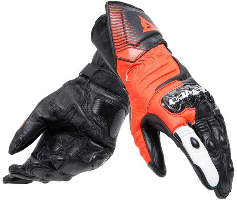 Dainese - Carbon 4 Long Gloves, Lange Sport-Motorradhandschuhe aus Leder, Knöchelschoner aus Carbon, Mann, Schwarz/Fluo-Rot/Weiß, S von Dainese