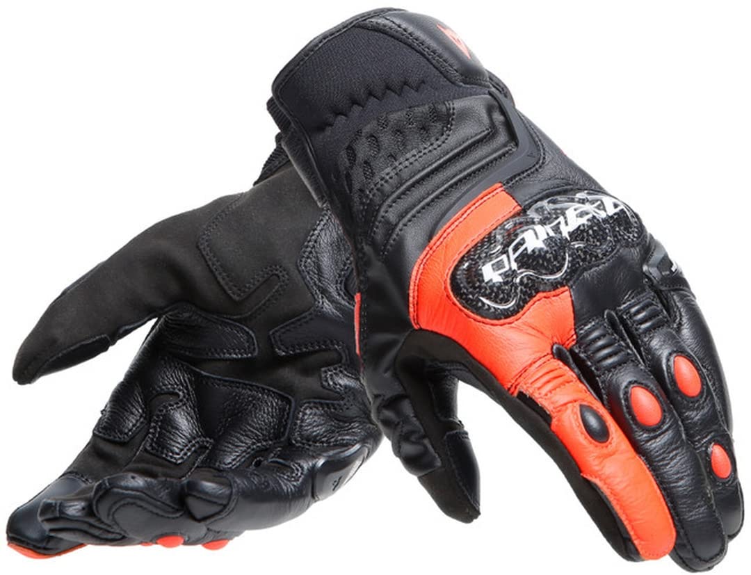 Dainese - Carbon 4 Short Gloves, Kurze Motorradhandschuhe aus Leder, mit Knöchelprotektoren aus Carbon, Mann, Schwarz/Fluo-Rot, L von Dainese