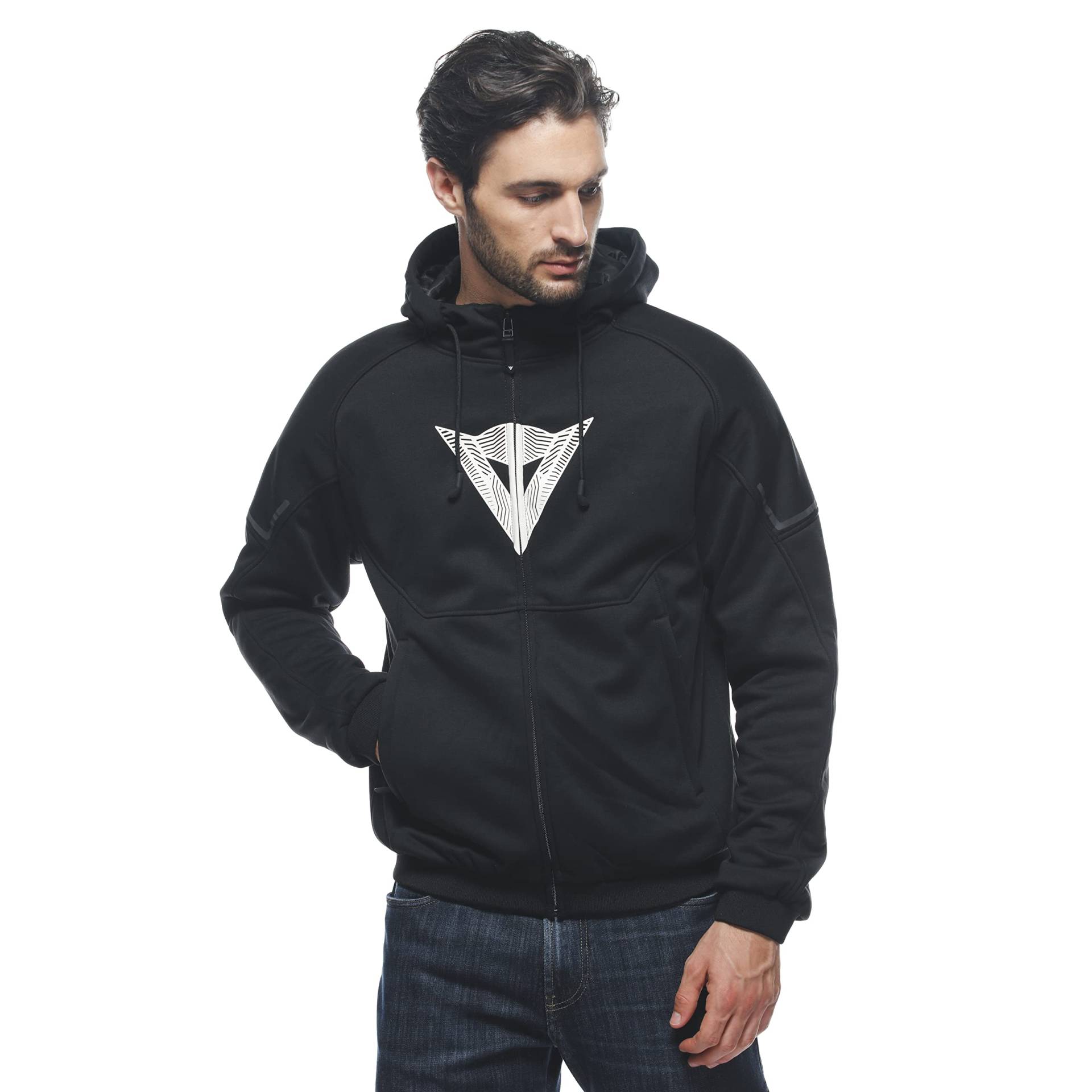 Dainese - Daemon X Safety Hoodie Full Zip, Motorrad Fleecejacke, Mesh Gewebe, Schulter Und Ellbogenprotektoren, Herren Motorradjacke, Schwarz/Schwarz/Weiß, 46 von Dainese