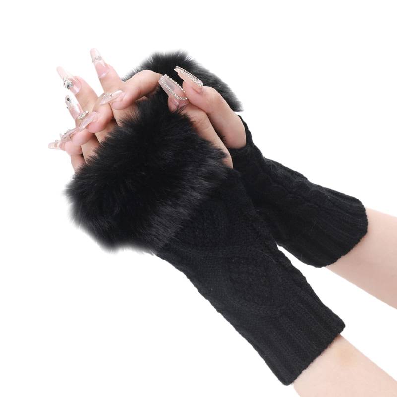 Damen Fingerlose Handstulpen Halbfinger Handgelenk Handschuhe mit Plüsch Stricken Zopfmuster Pulswärmer Stulpen Kurz Elastische Armstulpen Handwärmer Winter Fleece Strickhandschuhe (Schwarz, onesize) von Dantazz