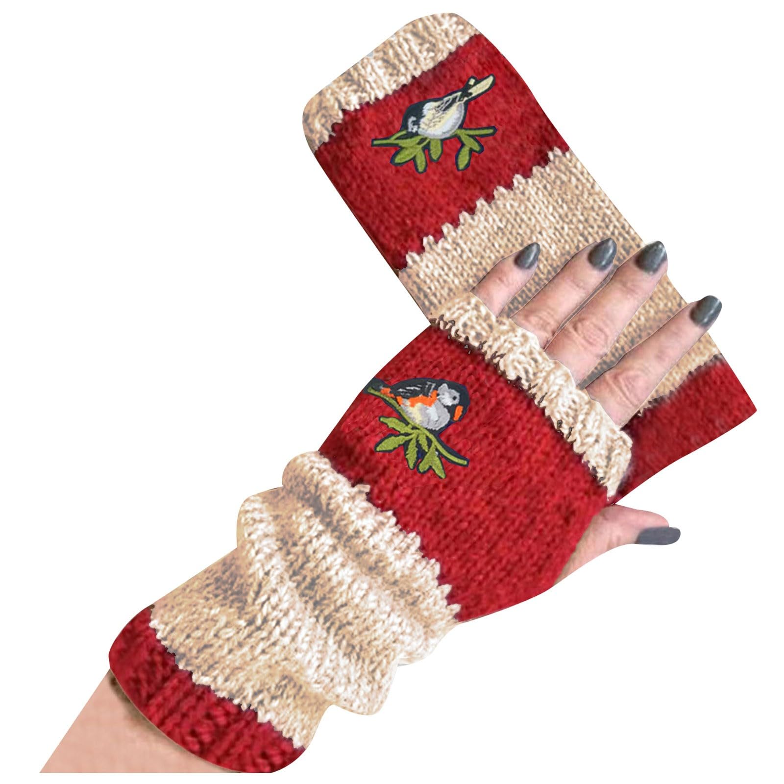 Damen Handschuhe Fingerlose Strick Handschuhe mit Daumenloch Warm Winterhandschuhe Pulswärmer Vogelstickerei Druck Halbfinger Handschuhe Retro Farbblock Handschuhe Geschenk (X-Lila#, onesize) von Dantazz