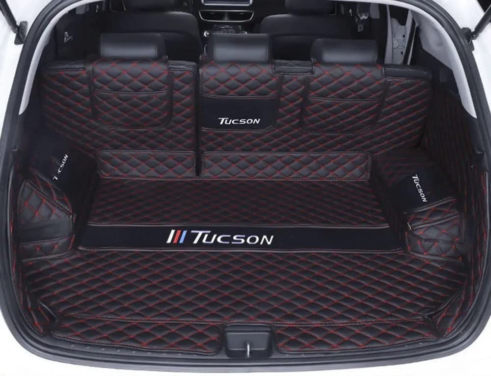 Dciustfhe Auto Kofferraummatte, für Hyundai Tucson 2015-2022 Leder Kofferraum Schutzmatte Antirutschmatte pflegeleicht Kratzfest abtrennbar zubehör,Full-wrap-Black-redstyle von Dciustfhe