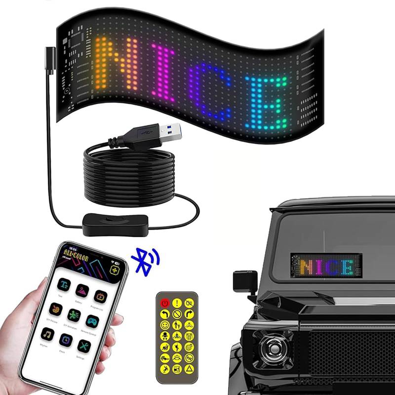 Flexibler Led Anzeigetafel, 17 x 7cm Led Laufschrift Programmierbar, Auto Led Schild, Led Anzeige Programmierbar mit Bluetooth-App, USB Betriebene, für Auto, LKW, Geschäft, Bar, Graffiti, Animation von Dechoga