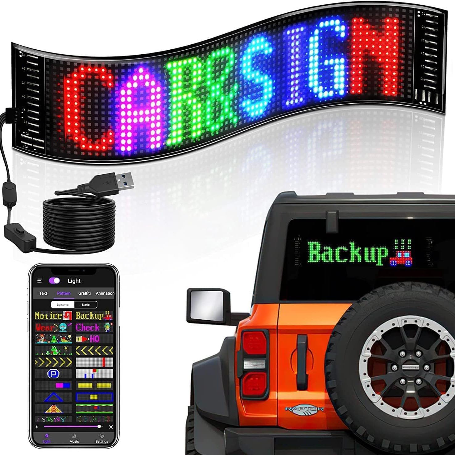 Flexibler LED Anzeigetafel, Programmierbar LED Laufschrift Dislplay mit Bluetooth-App, USB Betriebene, für Auto, LKW, Geschäft, Bar, Graffiti, Animation (59.5 x 12cm) von Dechoga