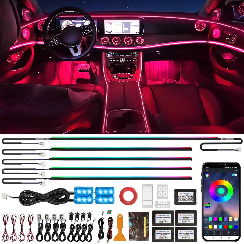 Defvnsy LED Innenbeleuchtung Auto, 17 in 1 RGB Acryl Innenraum LED-Streifen Licht, 64 Farben Universelle Streamer Deko Innenraum Auto Dynamische Atmosphäre Neonlicht mit APP-Steuerung Fernsteuerung von Defvnsy