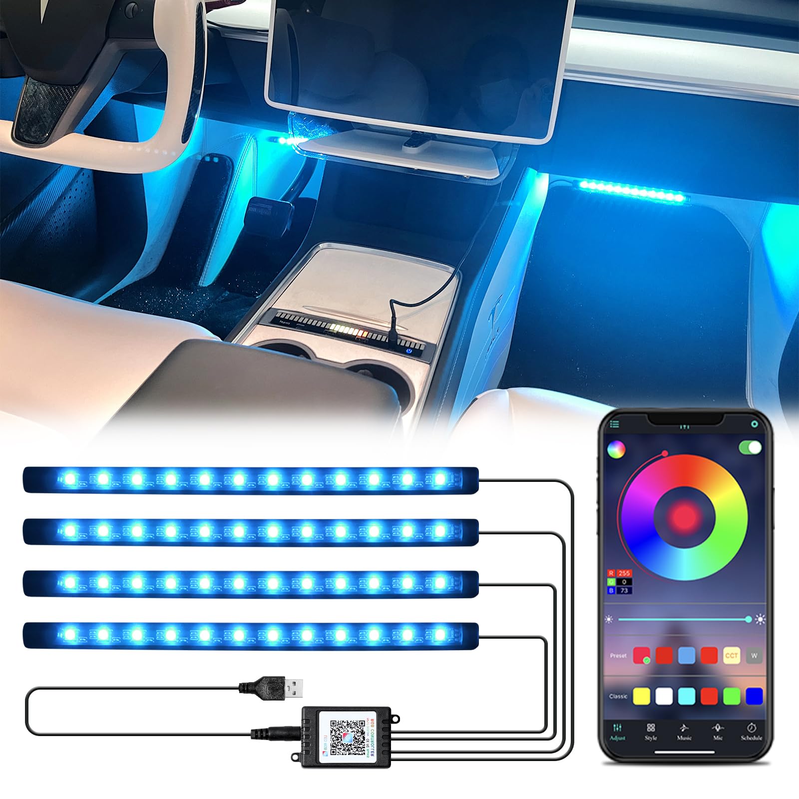 Defvnsy LED Auto Innenbeleuchtung, App Steuerbare Atmosphäre Licht RGB Ambientebeleuchtung 12V mit USB, Auto Zubehör LED Strip für Auto Deko Innenraum von Defvnsy